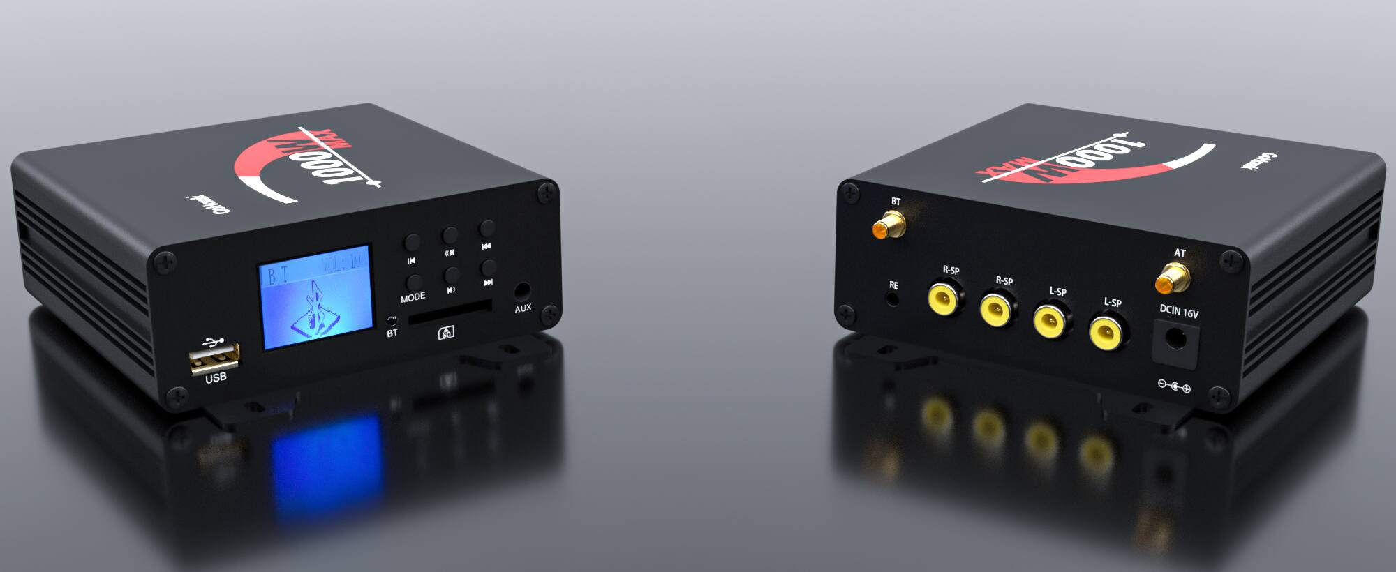 P 1000W AL:10 10 DE BT B MODE BT ON A - - AUX NT RE MAT HOoOT AT R-SP R-SP L-SP L-SP DCIN 16V Gi USB 0-49 -