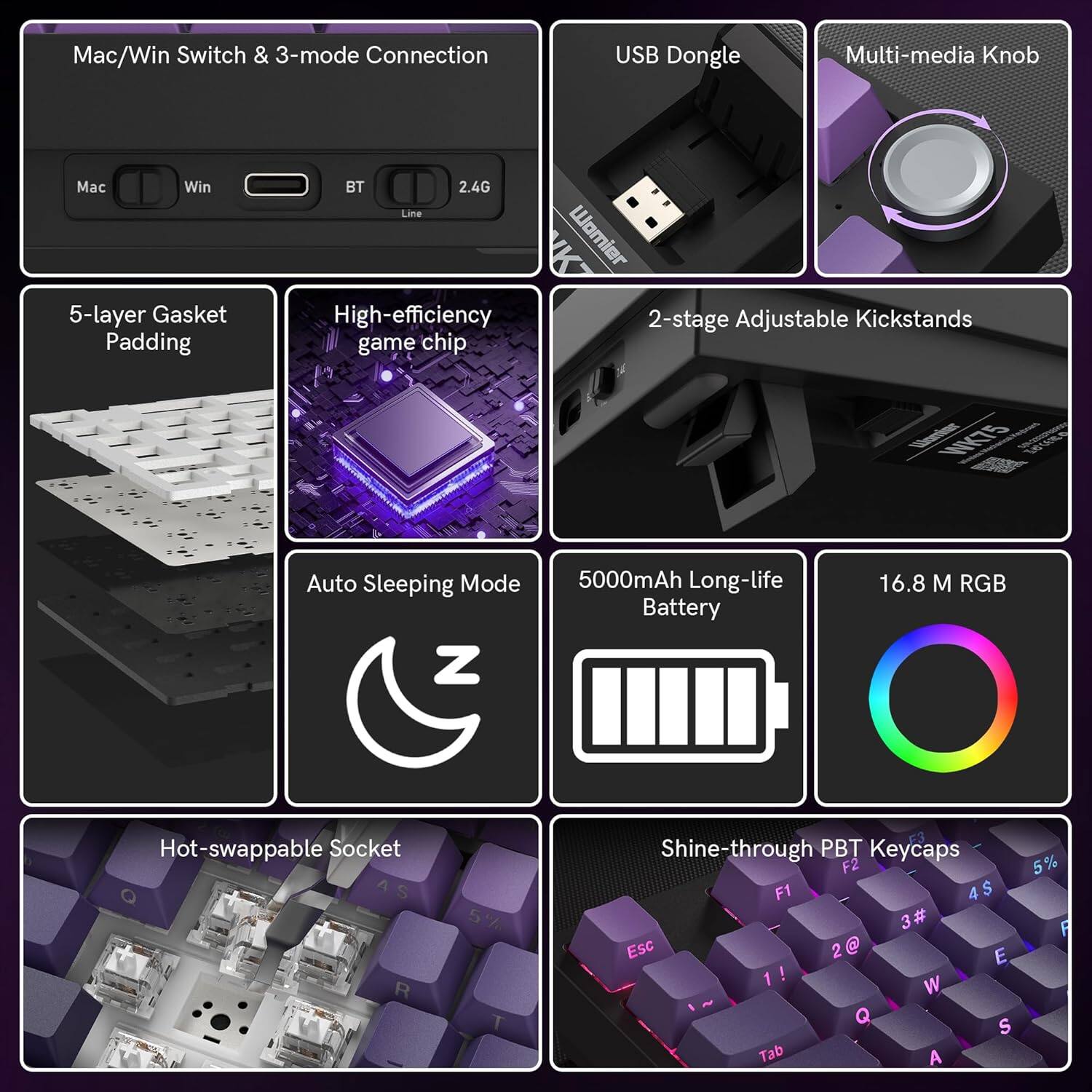 Mac/Win Switch & 3-mode Connection  
USB Dongle  
Multi-media Knob  
5-layer Gasket Padding  
High-efficiency game chip  
2-stage Adjustable Kickstands  
Auto Sleeping Mode  
5000mAh Long-life Battery  
16.8 M RGB  
Hot-swappable Socket  
Shine-through PBT Keycaps  

Mac Win  
BT 2.4G Line  
5%  
F2 F1  
4$ 4 3# Esc 2@ 2 E 1 1! ! W Q S Tab A 5% F