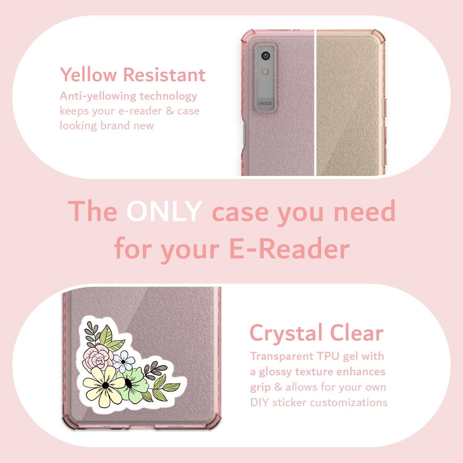Yellow Resistant  
Anti-yellowing technology keeps your e-reader & case looking brand new  

The ONLY case you need for your E-Reader  

Crystal Clear  
Transparent TPU gel with a glossy texture enhances grip & allows for your own DIY sticker customizations