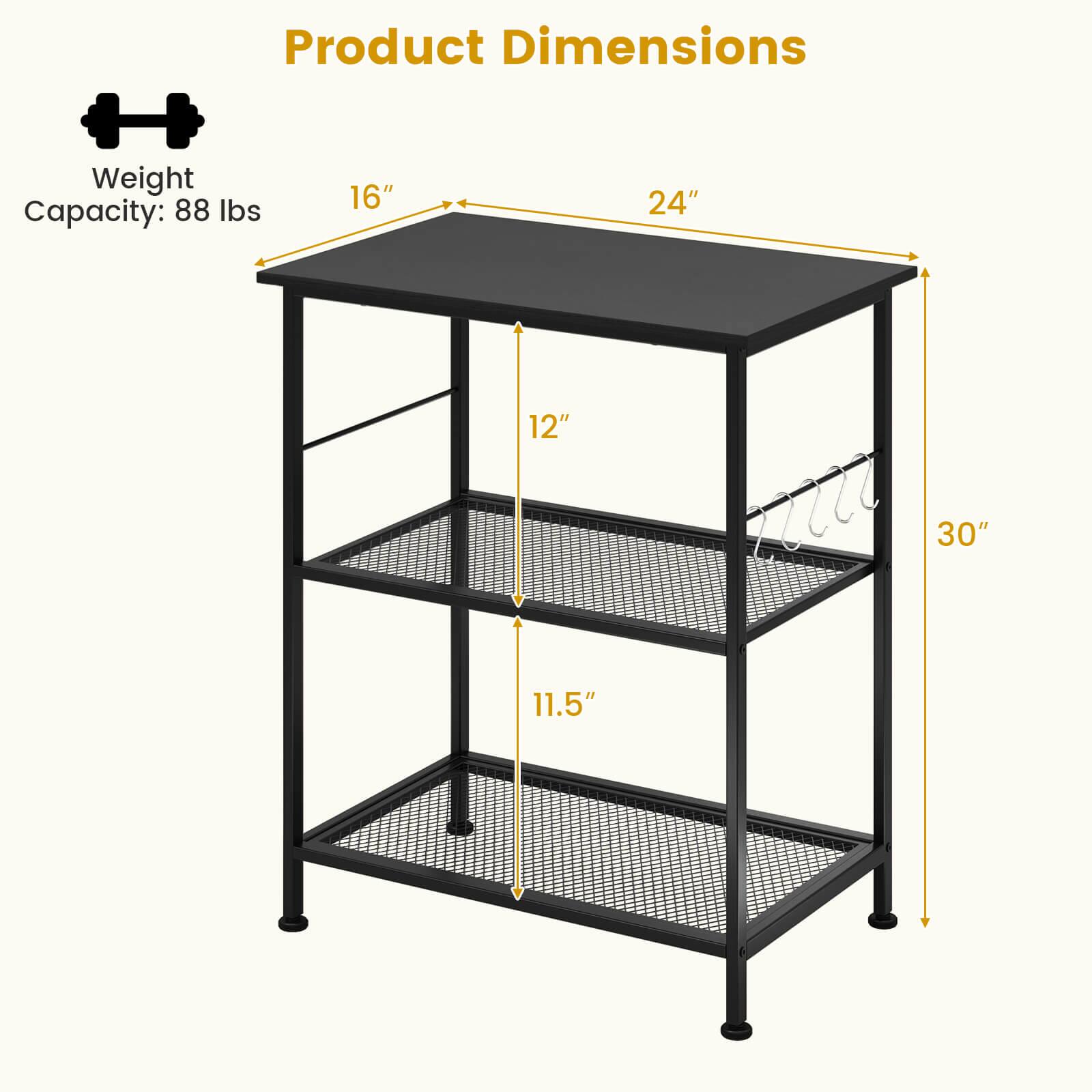 Product Dimensions

Weight Capacity: 88 lbs

- Length: 24"
- Width: 16"
- Height: 30"
- Shelf Depth: 12"
- Shelf Height: 11.5"