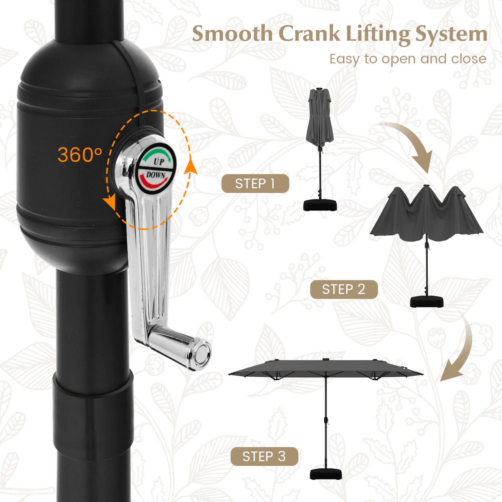 Smooth Crank Lifting System  
Easy to open and close  

360° UP DOWN  

STEP 1  
STEP 2  
STEP 3