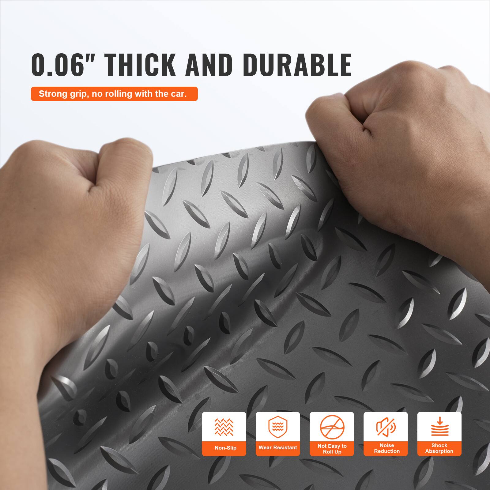 0.06" THICK AND DURABLE  
Strong grip, no rolling with the car.

- Non-Slip
- Wear-Resistant
- Not Easy to Roll Up
- Noise Reduction
- Shock Absorption