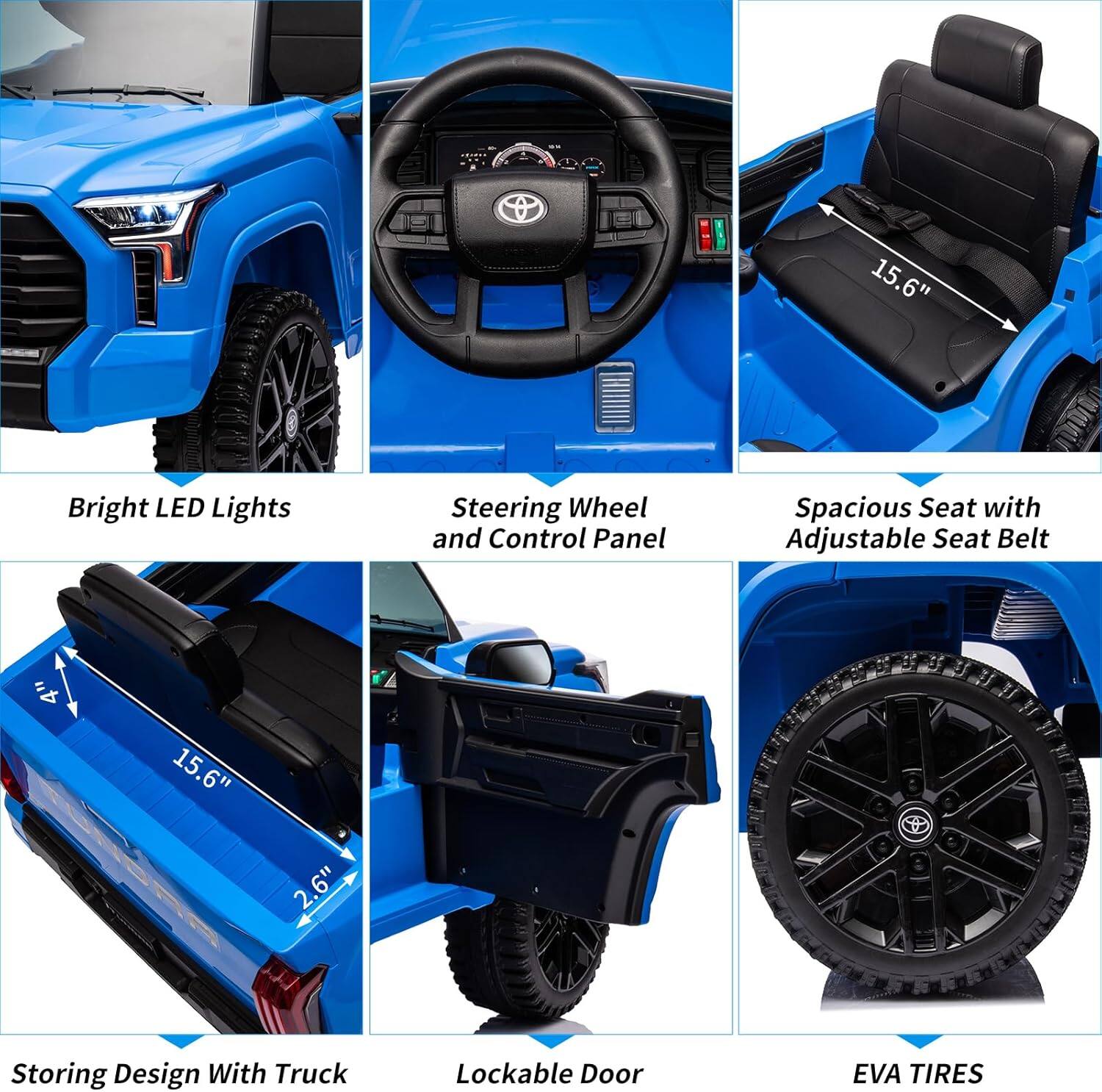 1. Bright LED Lights
2. Steering Wheel and Control Panel
3. Spacious Seat with Adjustable Seat Belt
4. Storing Design With Truck
5. Lockable Door
6. EVA Tires