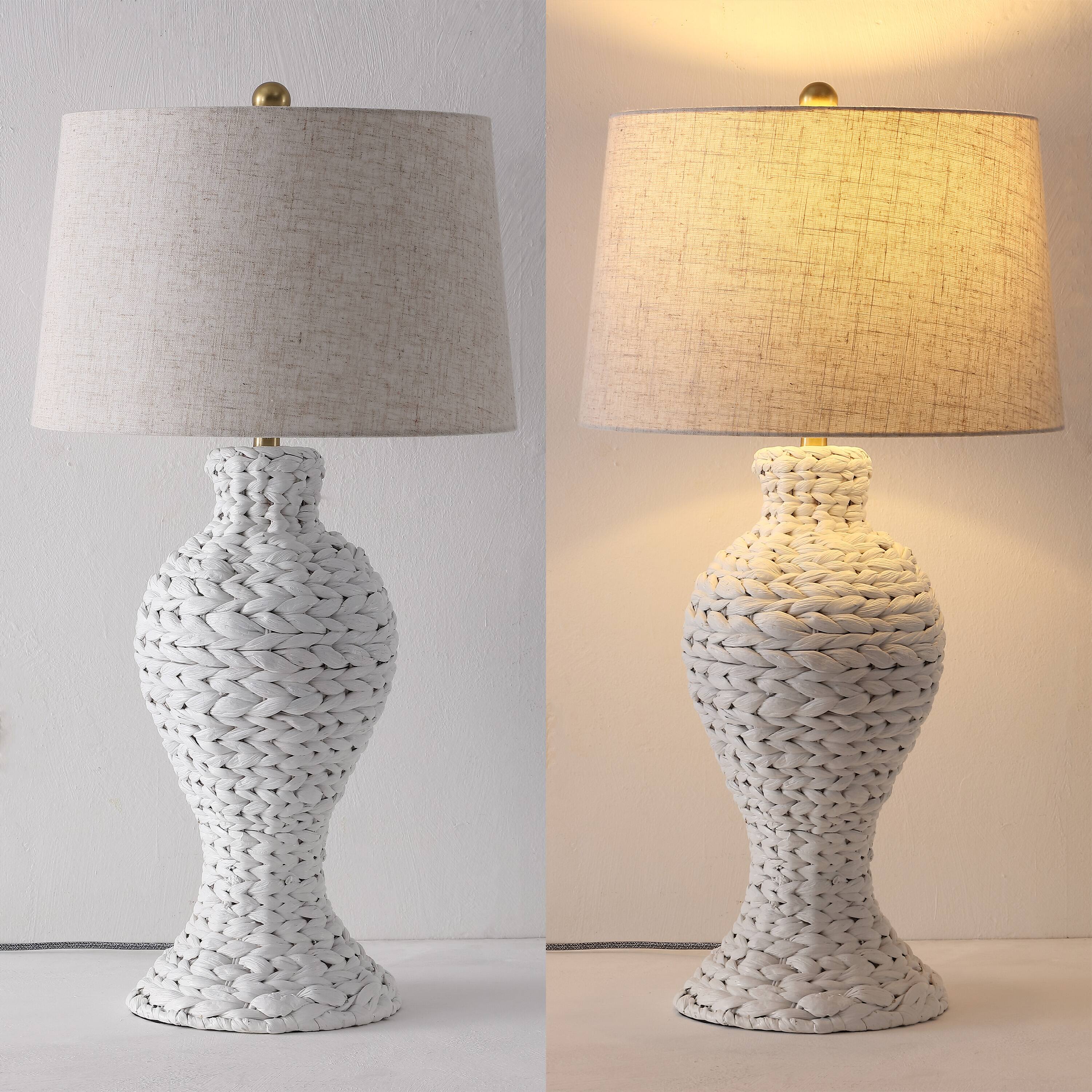 Alt View 5. Jonathan Y - Elicia 31" Coastal Bohemian Woven Water Hyacinth Urn Table Lamp, White with Beige Linen Shade for Living Room - White.