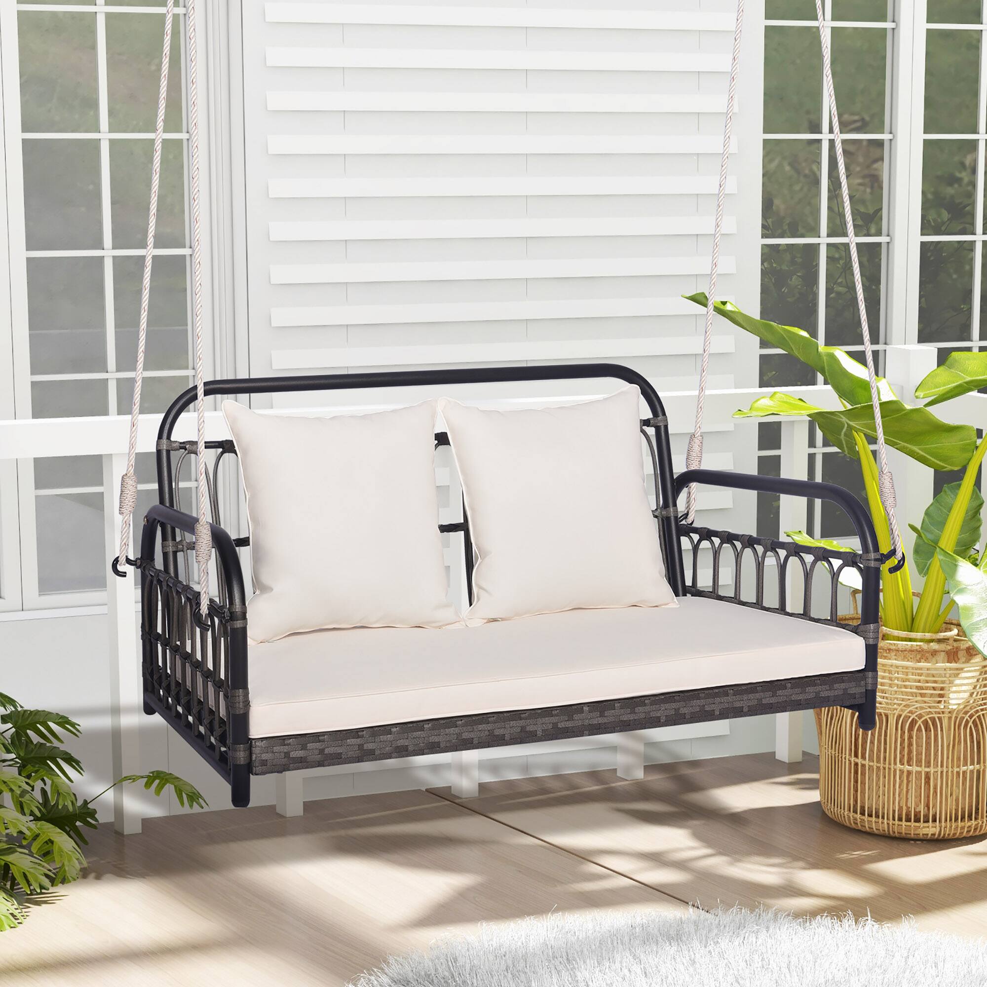 Alt View 3. Gymax - Gymax Outdoor Wicker Porch Swing 2-Person Hanging Seat w/ Seat & Back Cushions Backyard - Mix Gray, White.