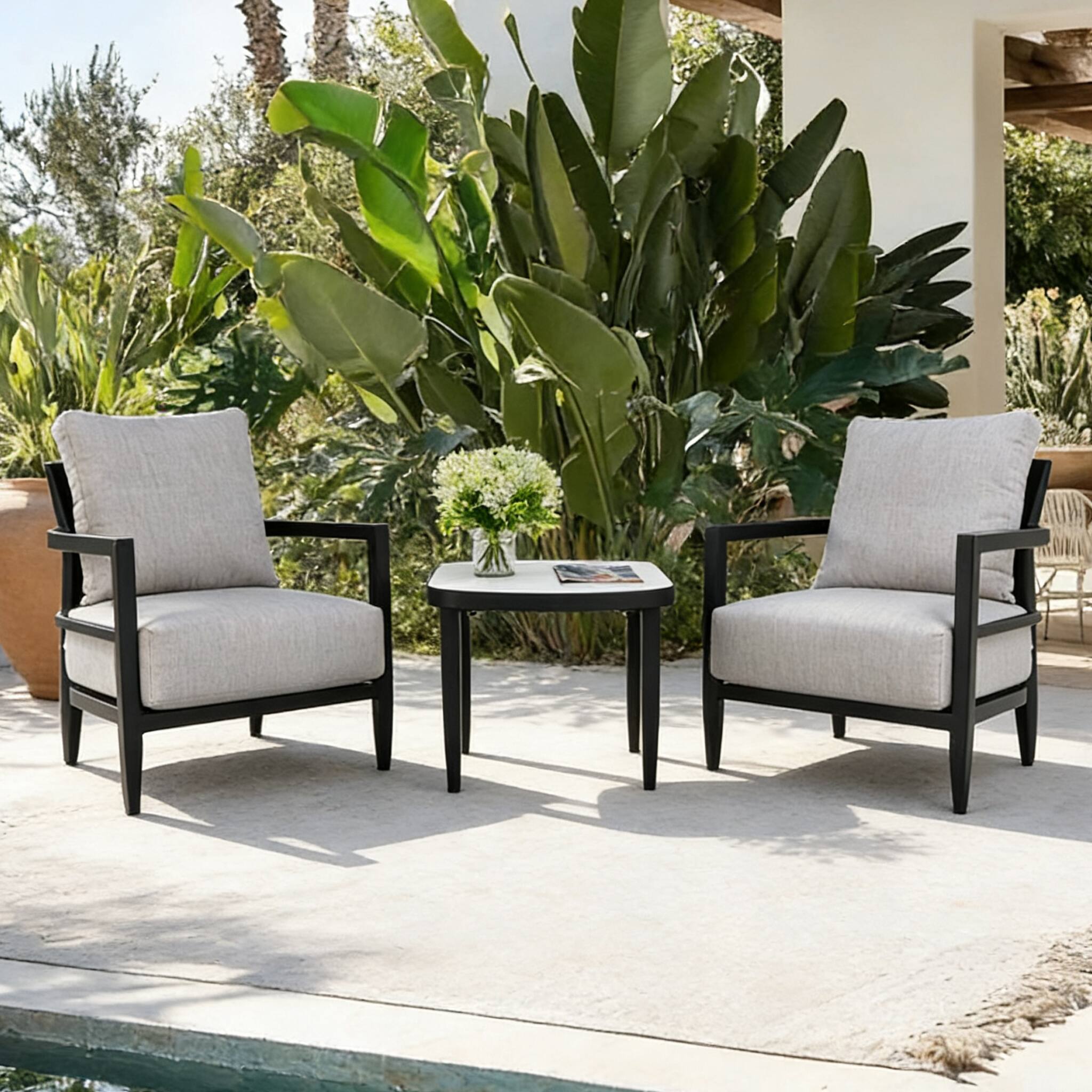 Angle. Mondawe - 3-Piece Aluminum Patio Set with Fully Weld Club Chairs, Side Table and Sunbrella Cushions - Ember Black+Grey.