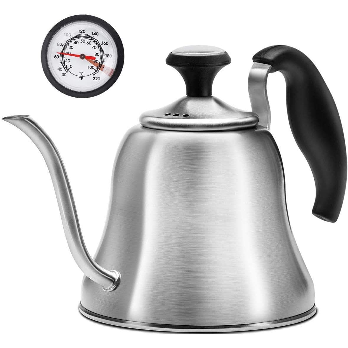 Dapper Styles - Tea Kettle For Stovetop Barista' Choice Gooseneck Pour Over With Flow Control Food Grade Stainless Steel Wa - Brushed Silver（with Thermometer）