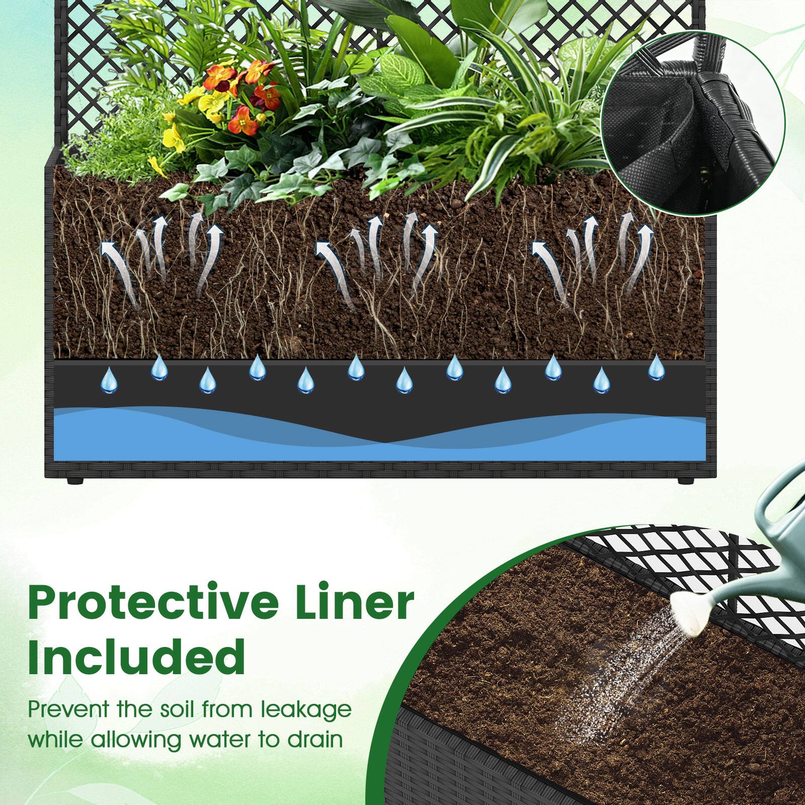Protective Liner Included  
Prevent the soil from leakage while allowing water to drain