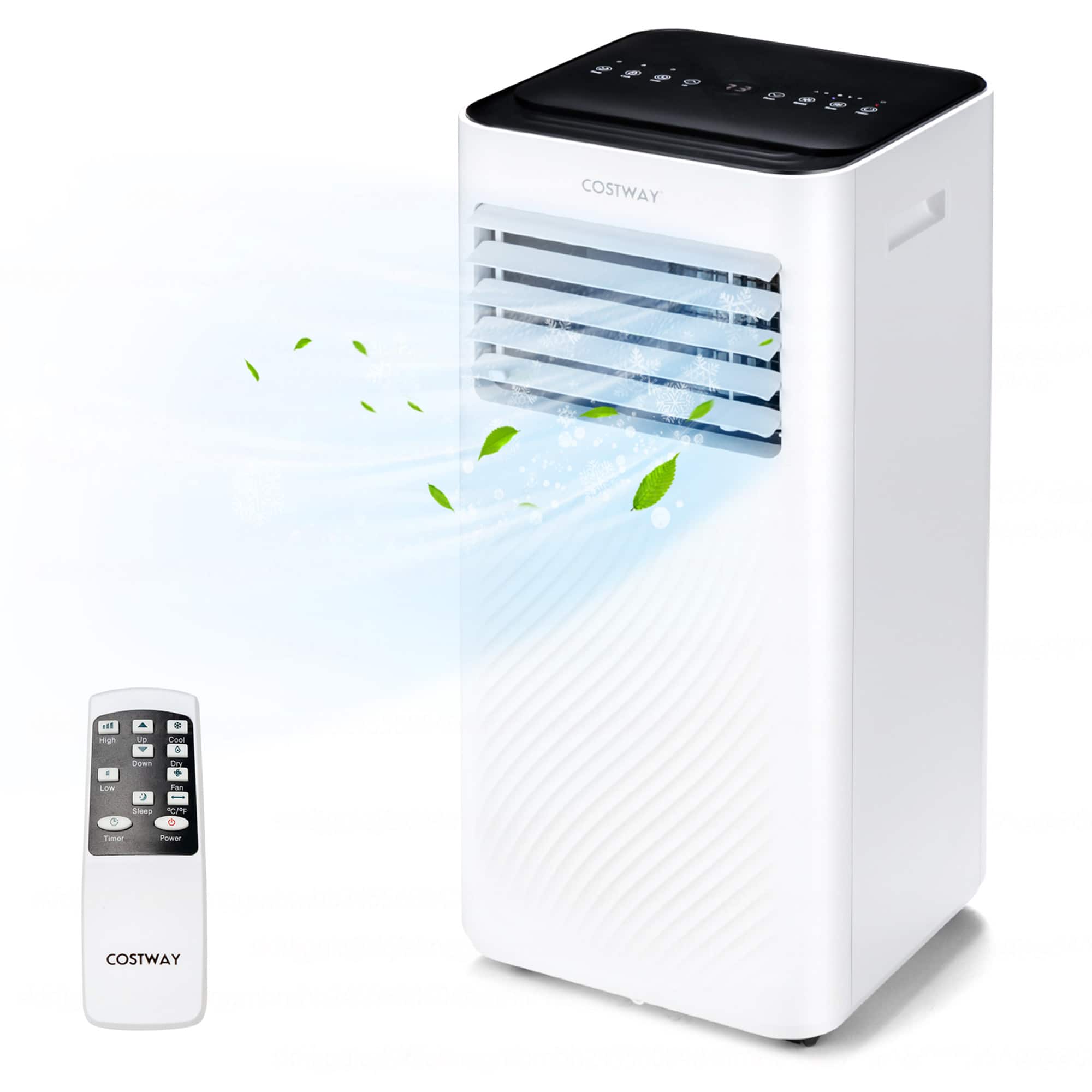 "Costway" is the brand name of the air conditioner shown in the image. The air conditioner is white and has a remote control next to it. The remote control is also white and has a black front. The air conditioner is placed on a white background, which highlights its features and design.