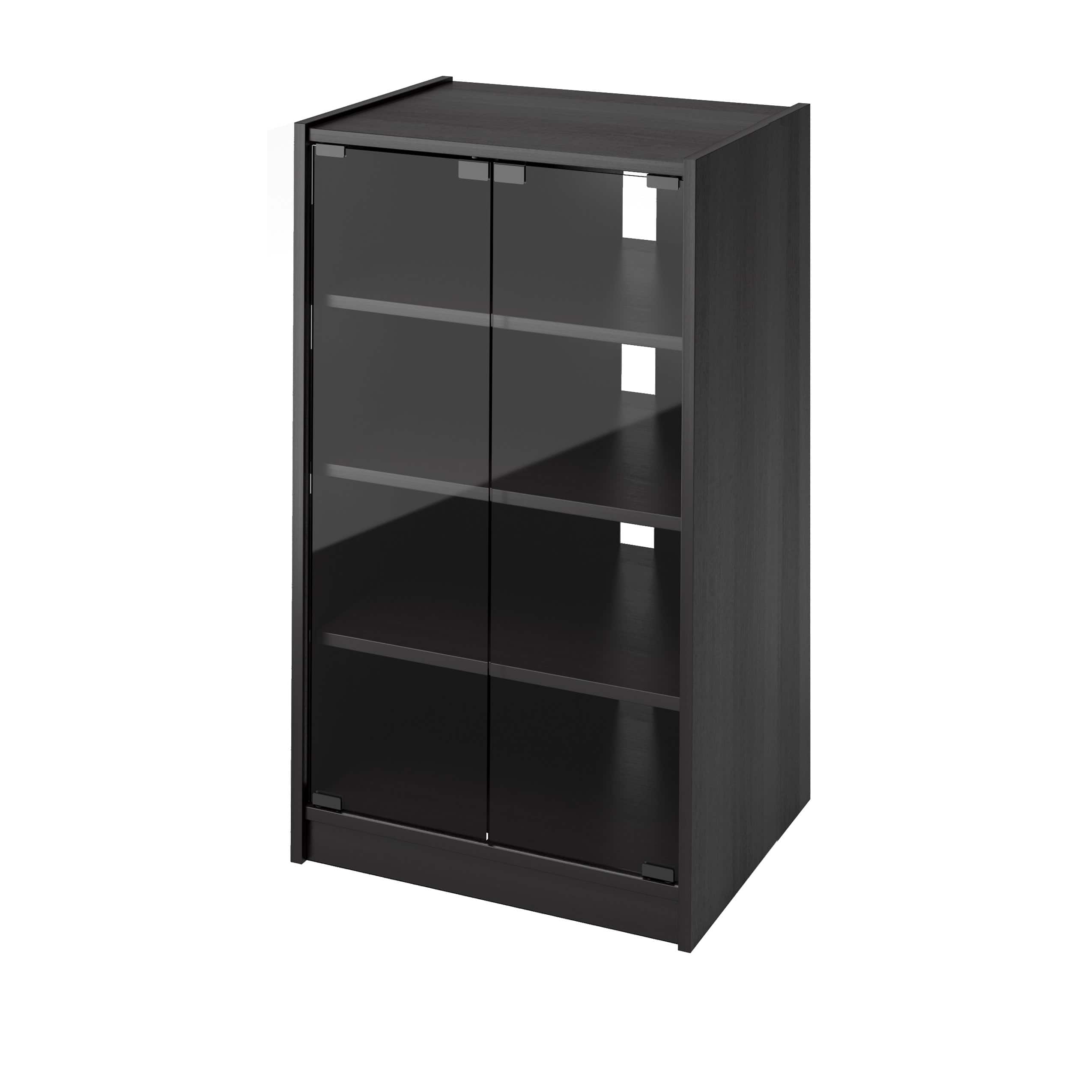 Left. CorLiving - 4-Tier Media Stand, DVD Storage Cabinet with 3 Adjustable Shelves, Tempered Glass Doors, and Cable Management - Black.