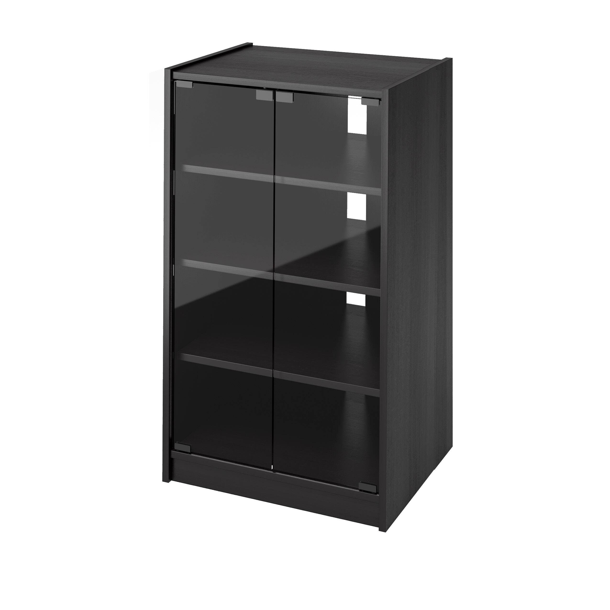 Left. CorLiving - 4-Tier Media Stand, DVD Storage Cabinet with 3 Adjustable Shelves, Tempered Glass Doors, and Cable Management - Black.