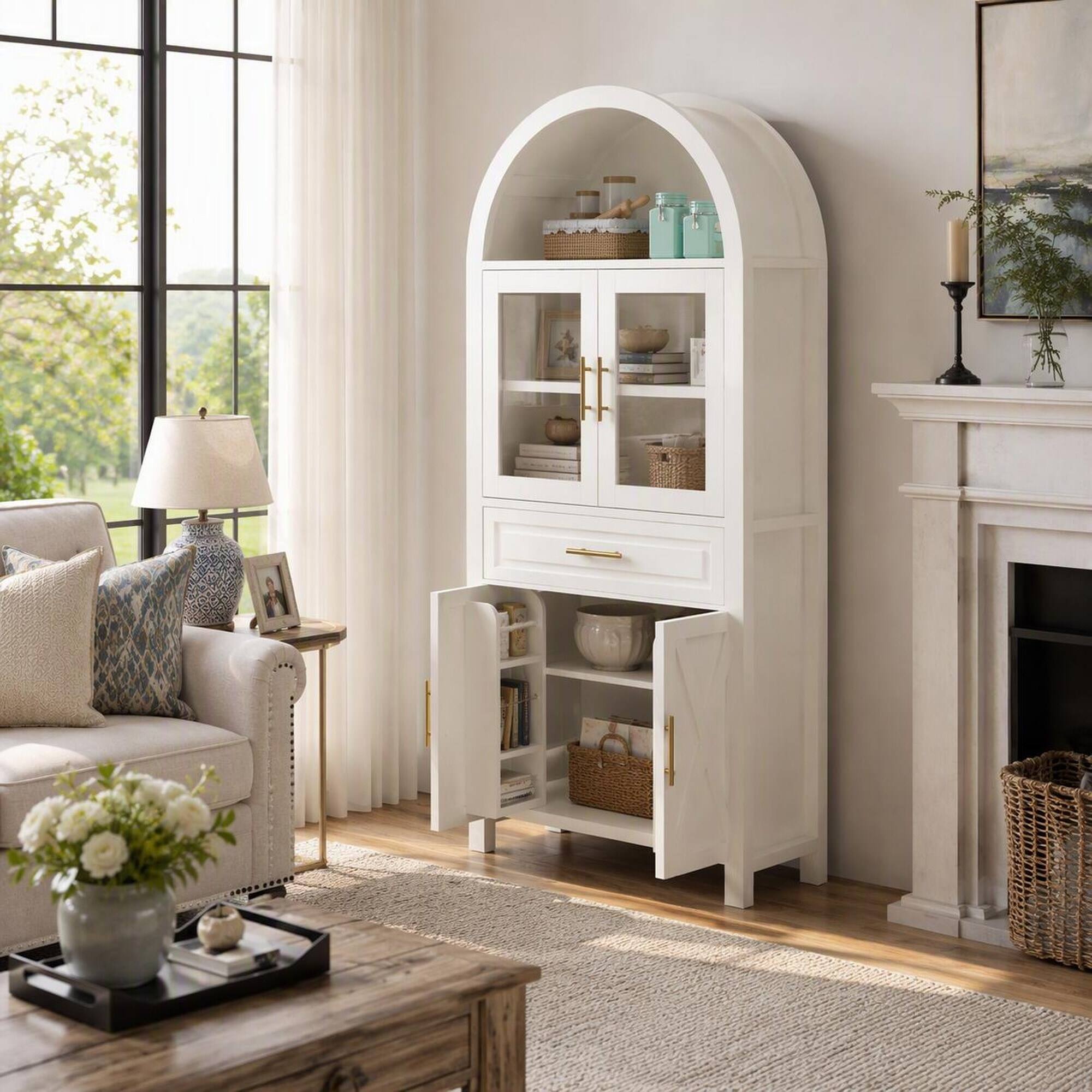 Back. RYHNUYNE - Freestanding 71 Inch Tall Arched Kitchen Pantry Cabinet with Adjustable Shelves and Glass Door, White - White.