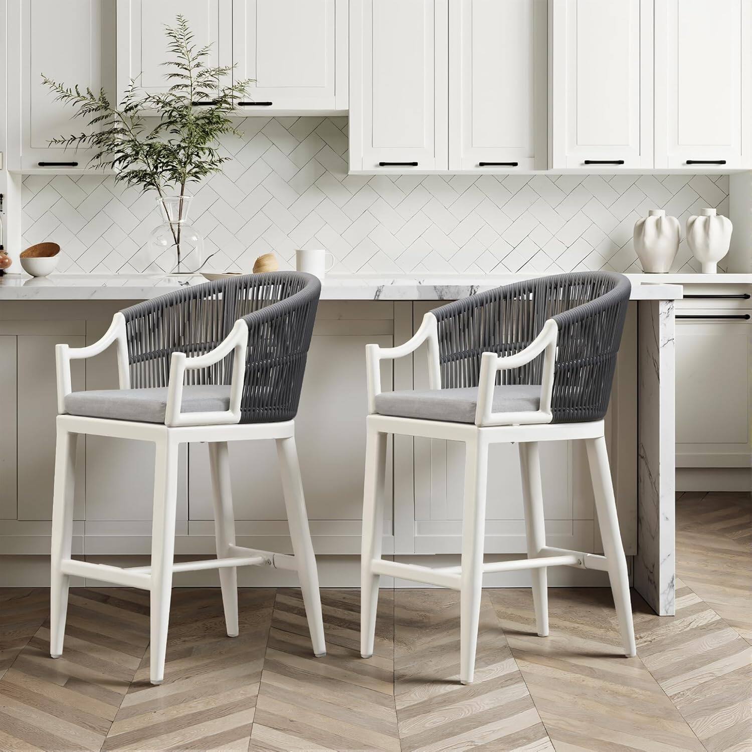 Alt View 3. PURPLE LEAF - Patio Counter Height Set of 2 Outdoor Rattan Chairs with Back Modern Aluminum Woven Barstools for Garden Indoor Kitchen - White-Counter Stool.