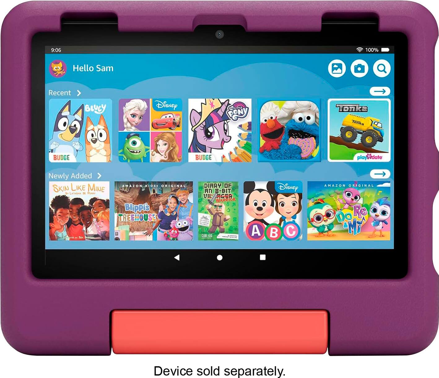 The text on the image is grouped and corrected as follows:

"9:06 100% Hello Sam Recent BUDGE BLUEY Disney BUDGE CONY (a) Tonka 7onka playRdate play Newly Added LIKE AMAZON.KIDSI ORIGINAL SKIN MINE B Letsbns M Postr Blippis TR TREEHOUSE B DIRRY OF AN B-BIT VIL AGER N WARRIOR CUBE C A Disney B C AMAZON ORIGINAL DoRe & Mi Device sold separately."