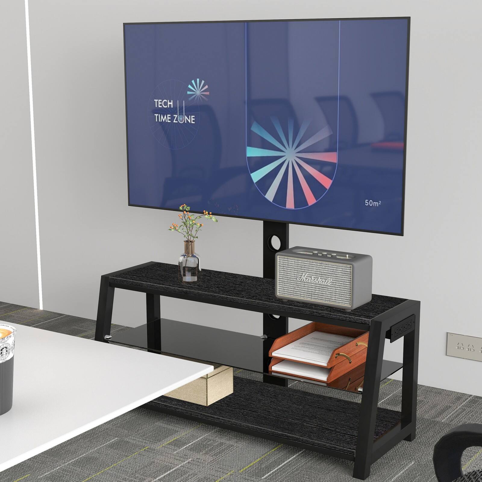 MAHARA Universal Column TV Stand - For 32-65 Inch TVs-Freestanding Black Tall Floor Stand With Black Glass Shelves And Cable Management-Height Adjustable And Suitable For Corners-Max Weight 40kg