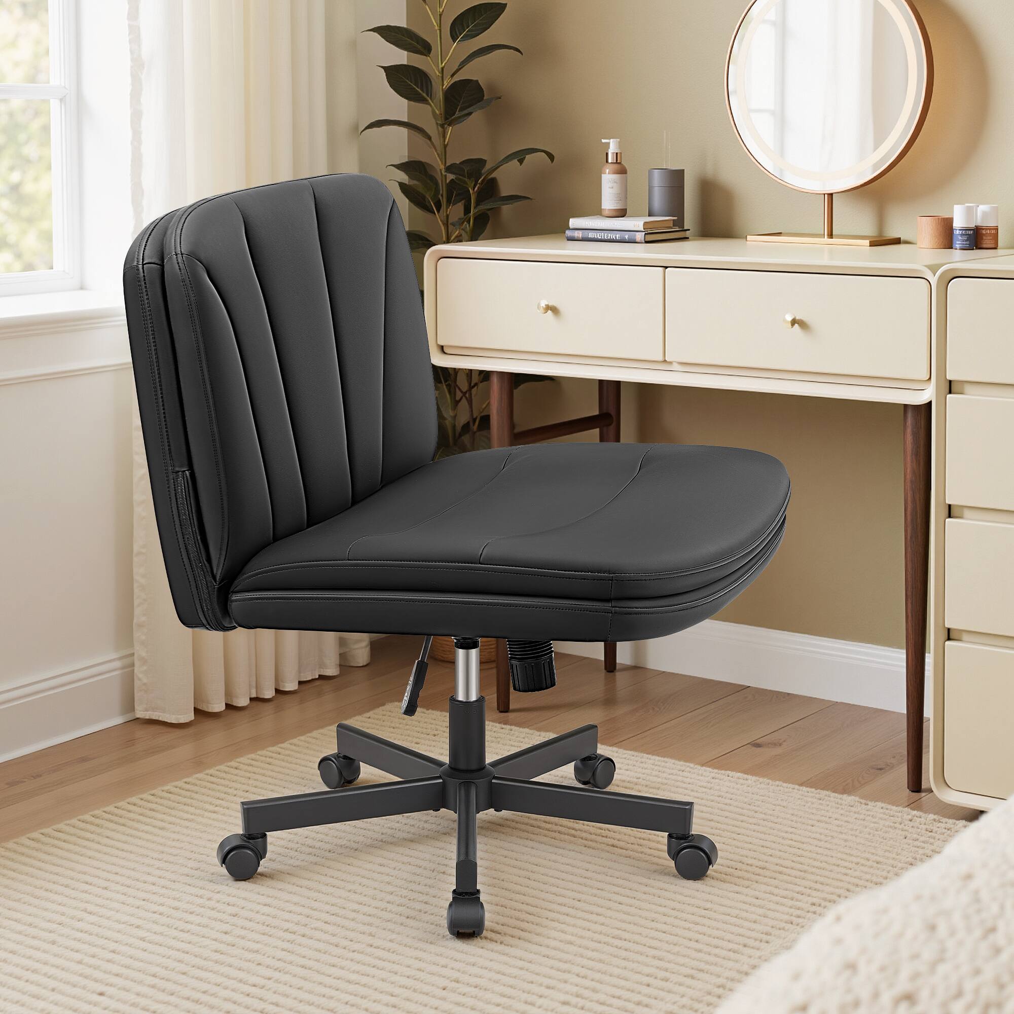 Alt View 6. KERDOM - PU Leather Swivel Cross Legged Chair with Wheels, Armless Wide Vanity Chair 2 Layer Thickened Cushion Reclining Backrest - Black.
