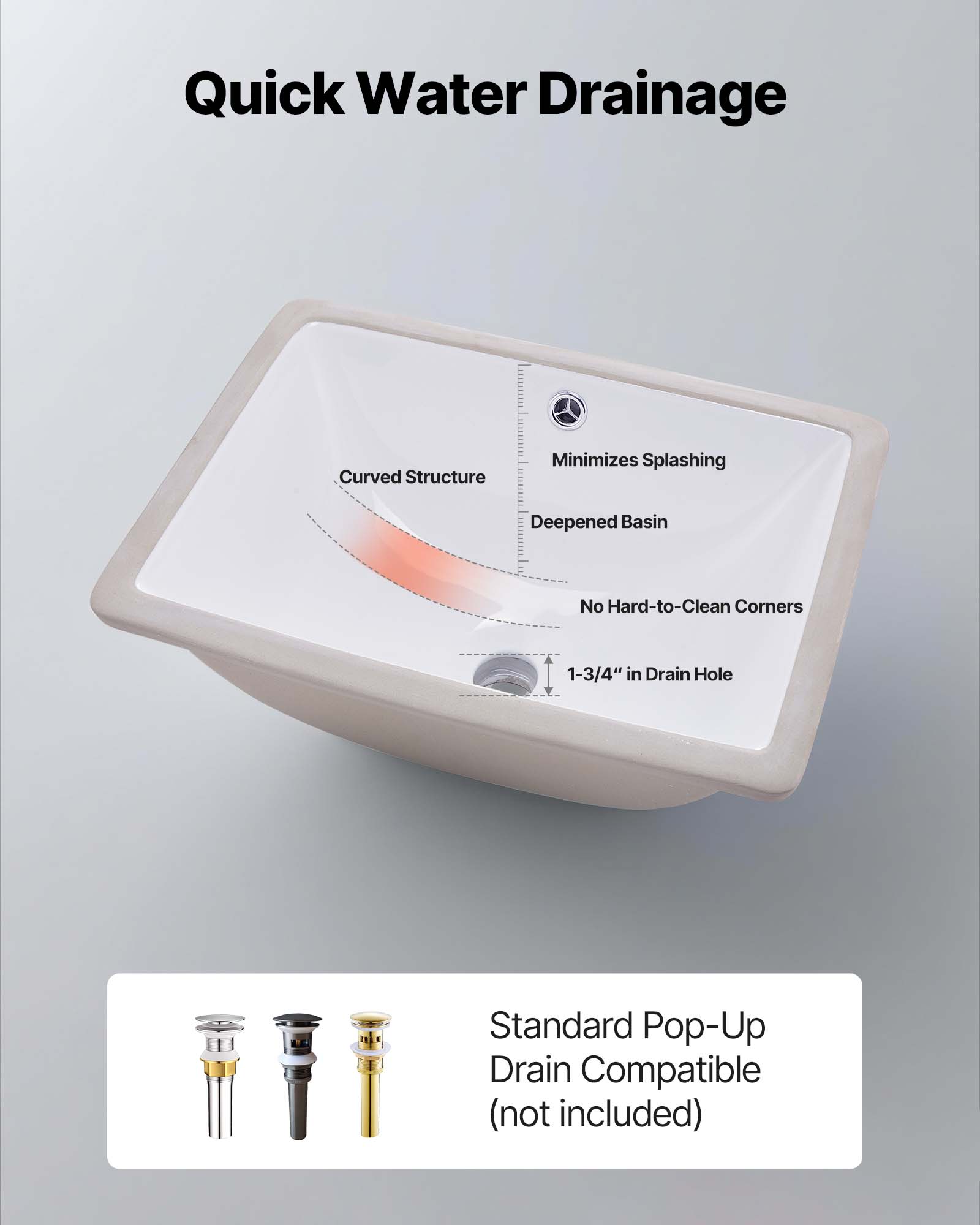 Quick Water Drainage

- Curved Structure
- Minimizes Splashing
- Deepened Basin
- No Hard-to-Clean Corners
- 1-3/4" in Drain Hole

Standard Pop-Up Drain Compatible (not included)