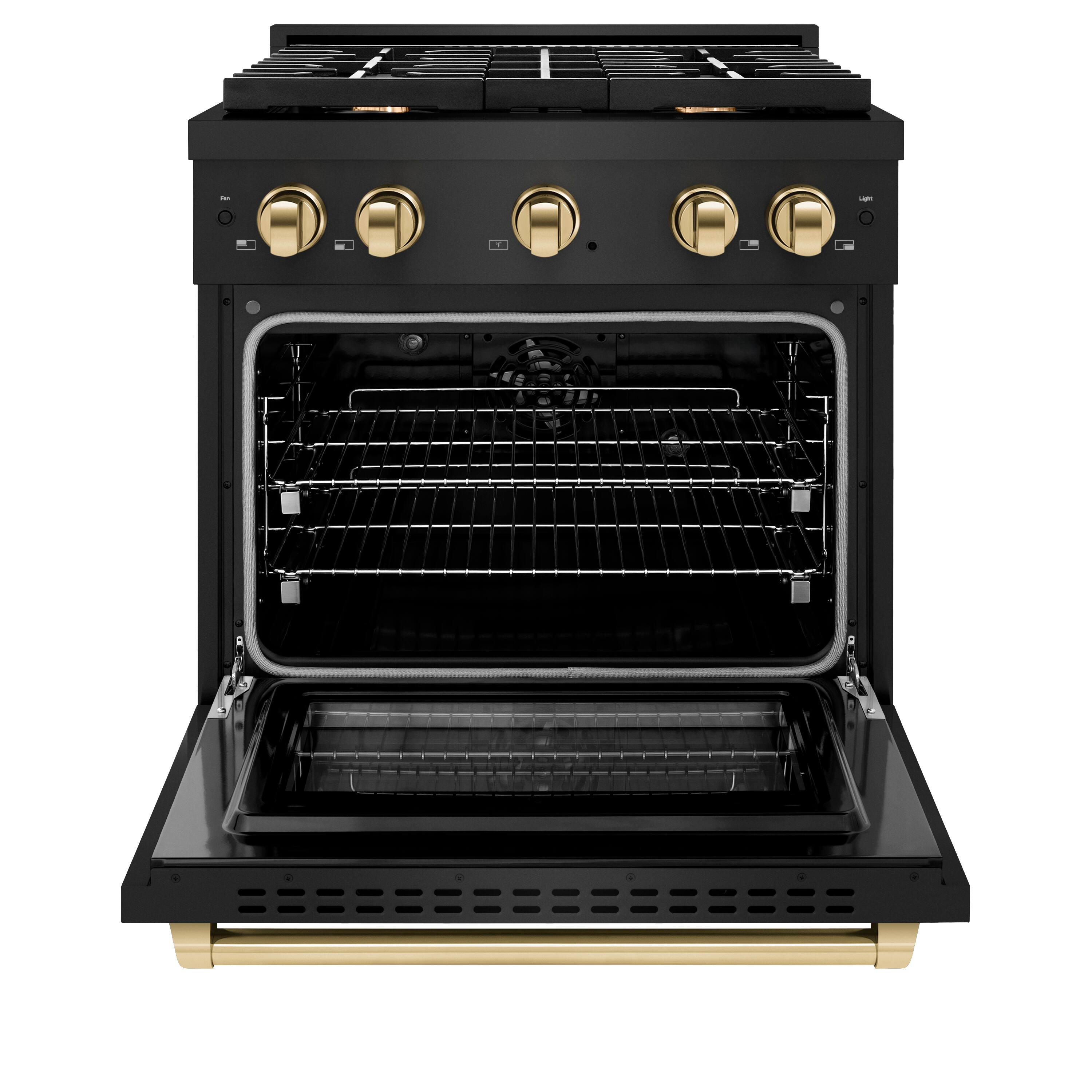 Angle. ZLINE - ZLINE Autograph 30" Paramount Dual Fuel Black Stainless Range w/ Gold Accents (SDRBZ-30-G) - Black Stainless Steel.