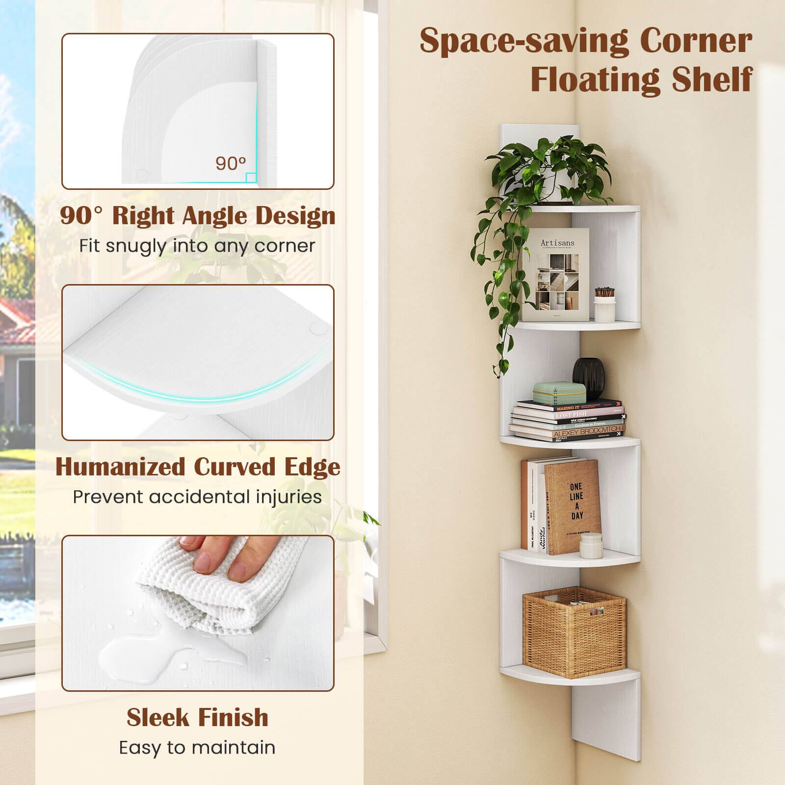 Space-saving Corner Floating Shelf:

* 90 90 Right Angle Design
* Fit snugly into any corner
* Humanized Curved Edge
* Prevent accidental injuries
* Sleek Finish
* Easy to maintain

The text on the image is grouped and corrected.