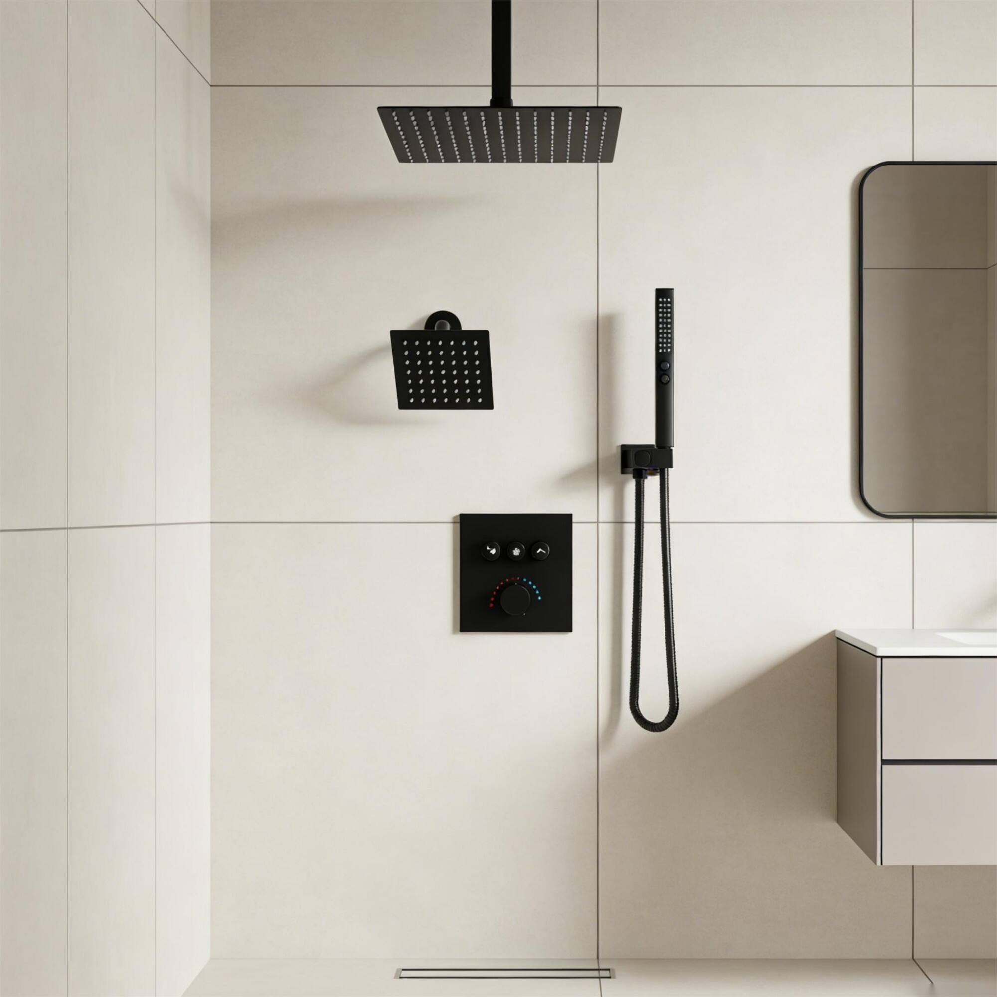Alt View 2. Boyel Living - Matte Black Copper Shower Faucet Thermostatic Cartridge 12-Inch 6-Inch Top Spray 2-Function - Chrome.