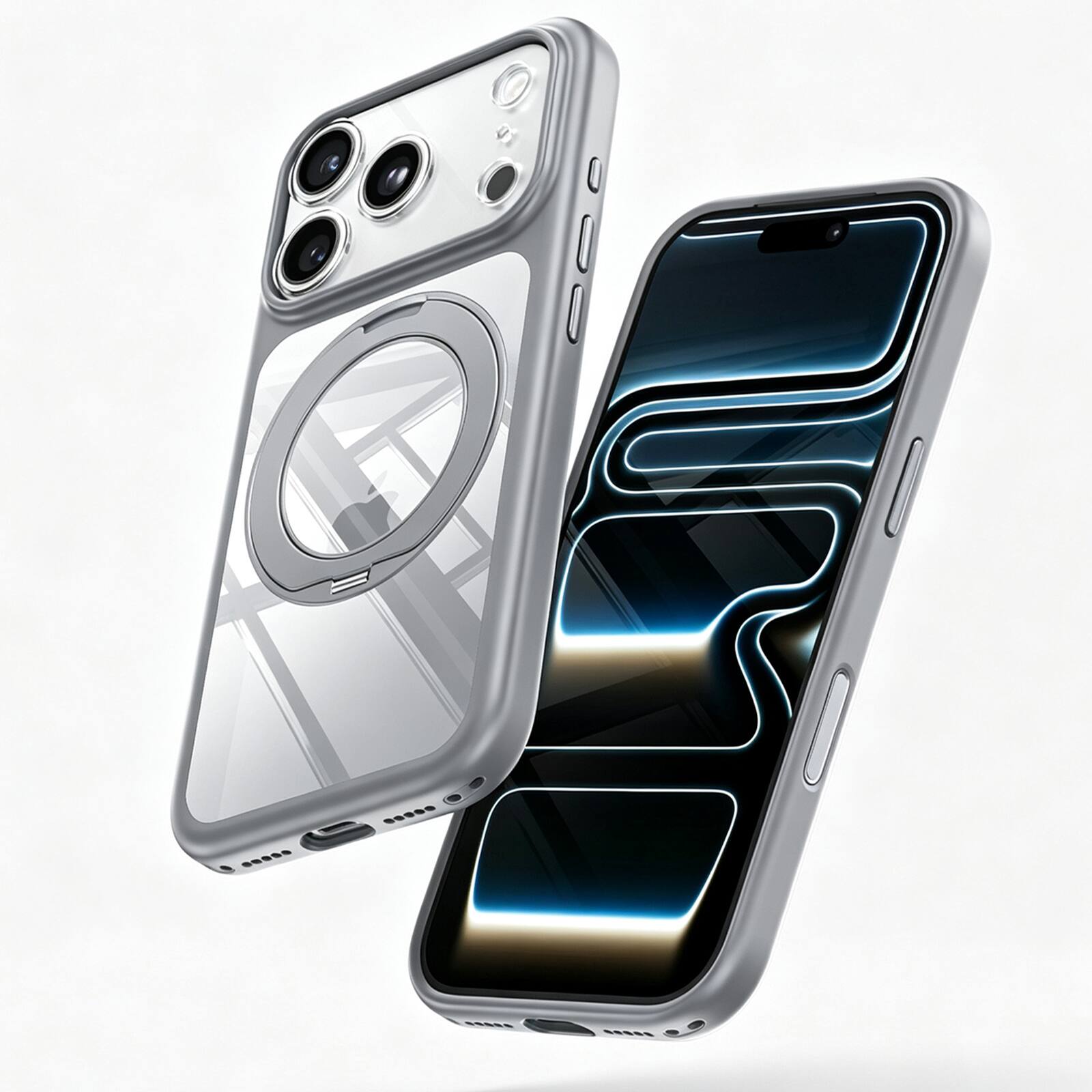 The image shows a phone case designed for a smartphone with a triple camera setup. The case is transparent with a gray border and features a circular cutout on the back to expose the camera lenses. The front of the case has a decorative design with blue and gold neon-like lines.