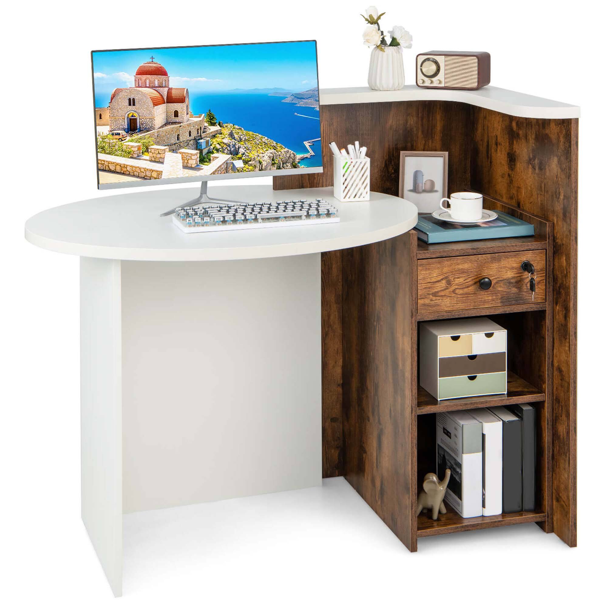 Front. Costway - Costway Front Reception Counter Desk Checkout Office Desk with Open Shelf & Lockable Drawer - Black,White.