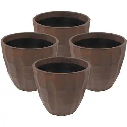 Front. Sunnydaze - Pebbled Polyresin Outdoor Planter - Set of 4 - Dark Brown.