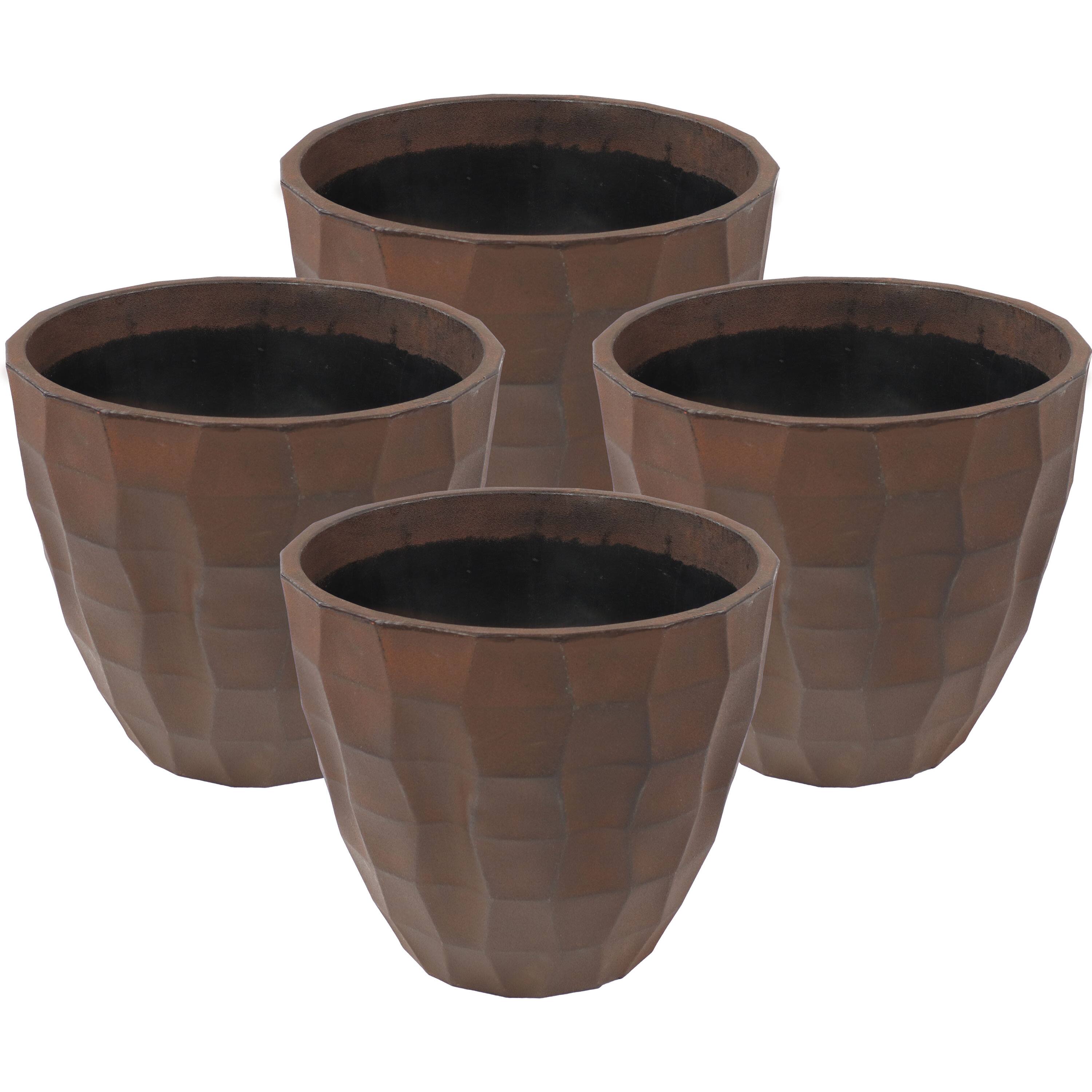 Front. Sunnydaze - Pebbled Polyresin Outdoor Planter - Set of 4 - Dark Brown.