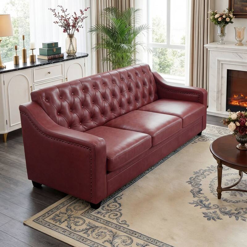 Angle. Dyonery - Dyonery 78.7" PU Leather Couch, Sofa with Deep Seat, Handmade Button Tufted 3 Seater Sofa, Modern Leather Sofa - Red.