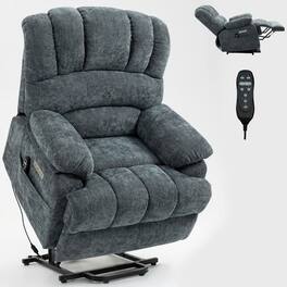 Kadyn - Oversized Power Lift Recliner, 23" Wide Seat, Massage & Heat, USB Port, 350lb Capacity, Blue - Gray