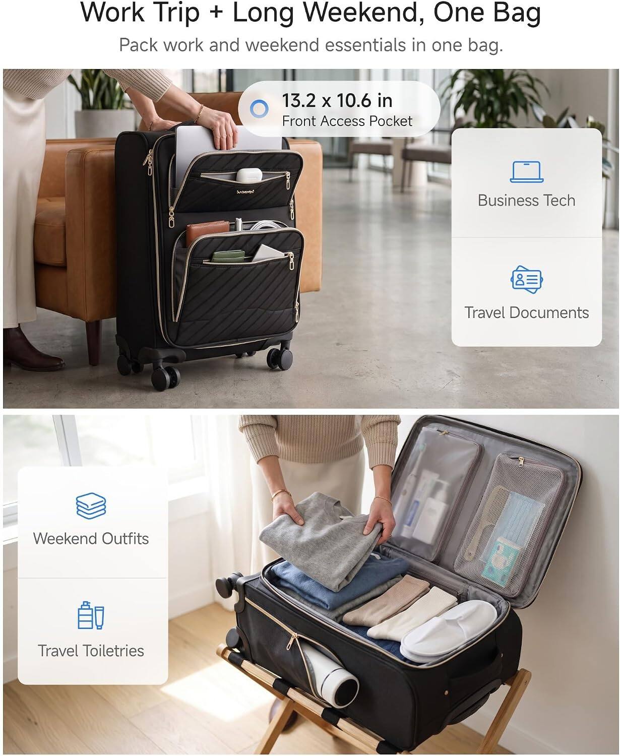 Work Trip + Long Weekend, One Bag  
Pack work and weekend essentials in one bag.  
13.2 x 10.6 in Front Access Pocket  
Business Tech  
Travel Documents  
Weekend Outfits  
Travel Toiletries