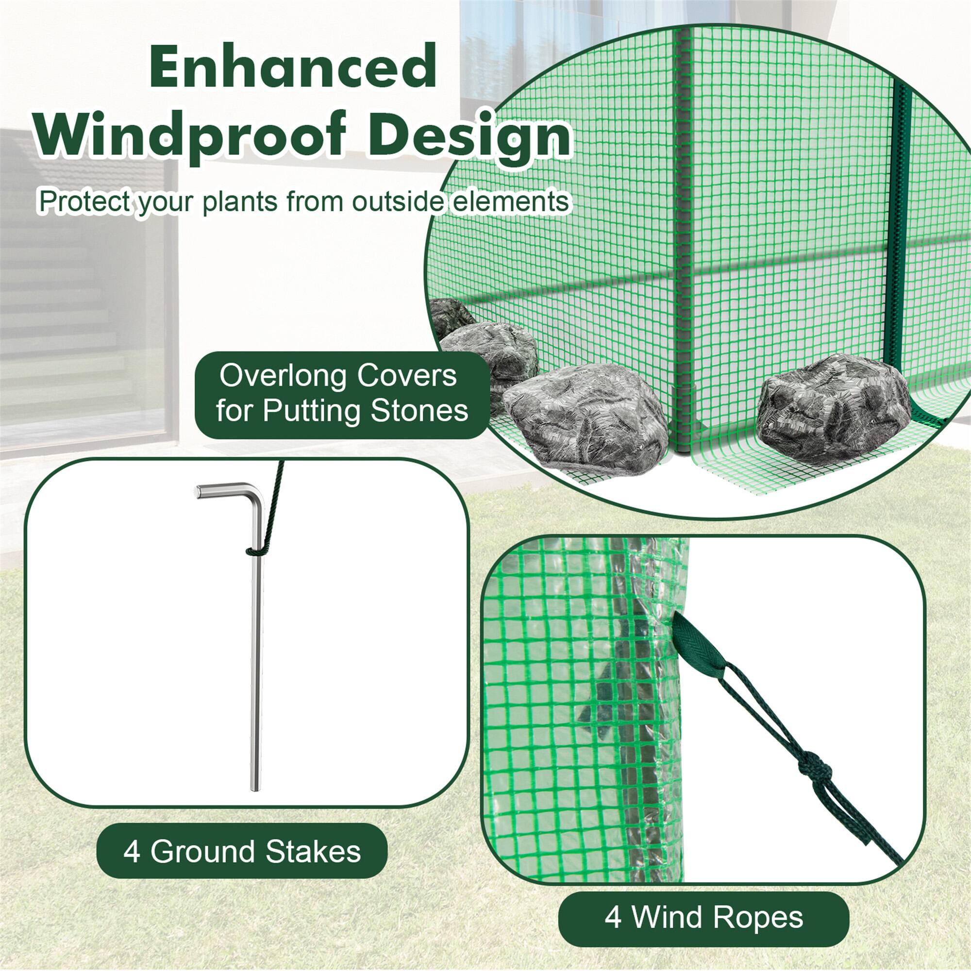 Enhanced Windproof Design  
Protect your plants from outside elements  

Overlong Covers for Putting Stones  

4 Ground Stakes  

4 Wind Ropes