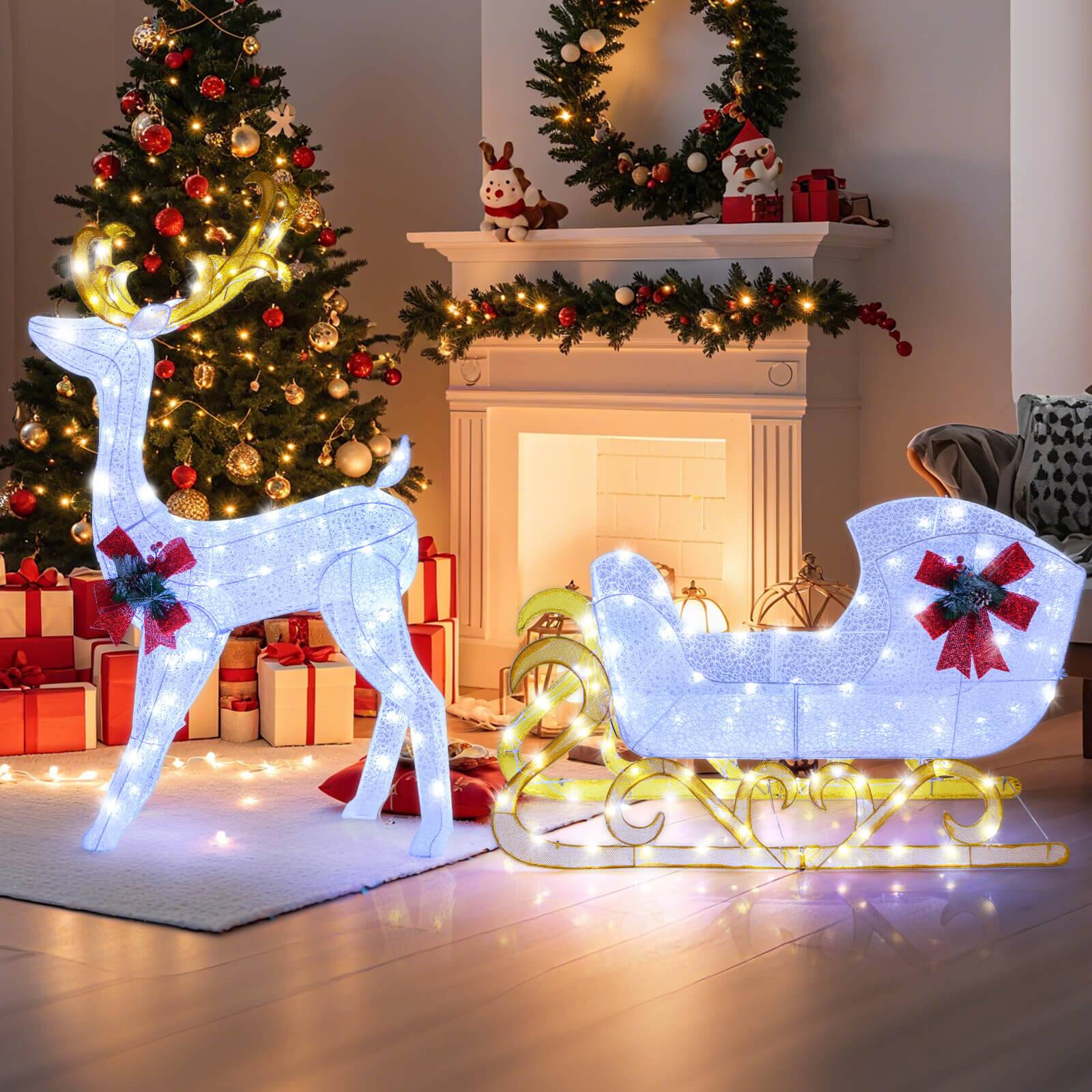 Alt View 4. Costway - Costway Lighted Christmas Reindeer and Sleigh with 215 White LED Lights 8 Ground Stakes - Cold White.