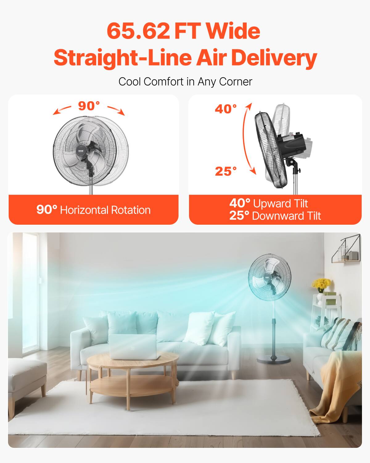 65.62 FT Wide  
Straight-Line Air Delivery  
Cool Comfort in Any Corner  

90° Horizontal Rotation  

40° Upward Tilt  
25° Downward Tilt