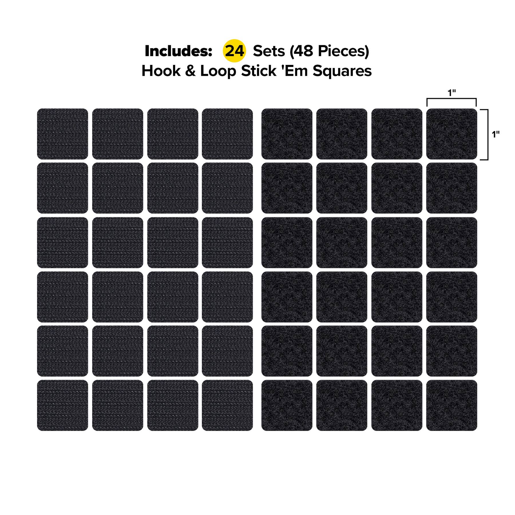 Includes: 24 Sets (48 Pieces) Hook & Loop Stick 'Em Squares