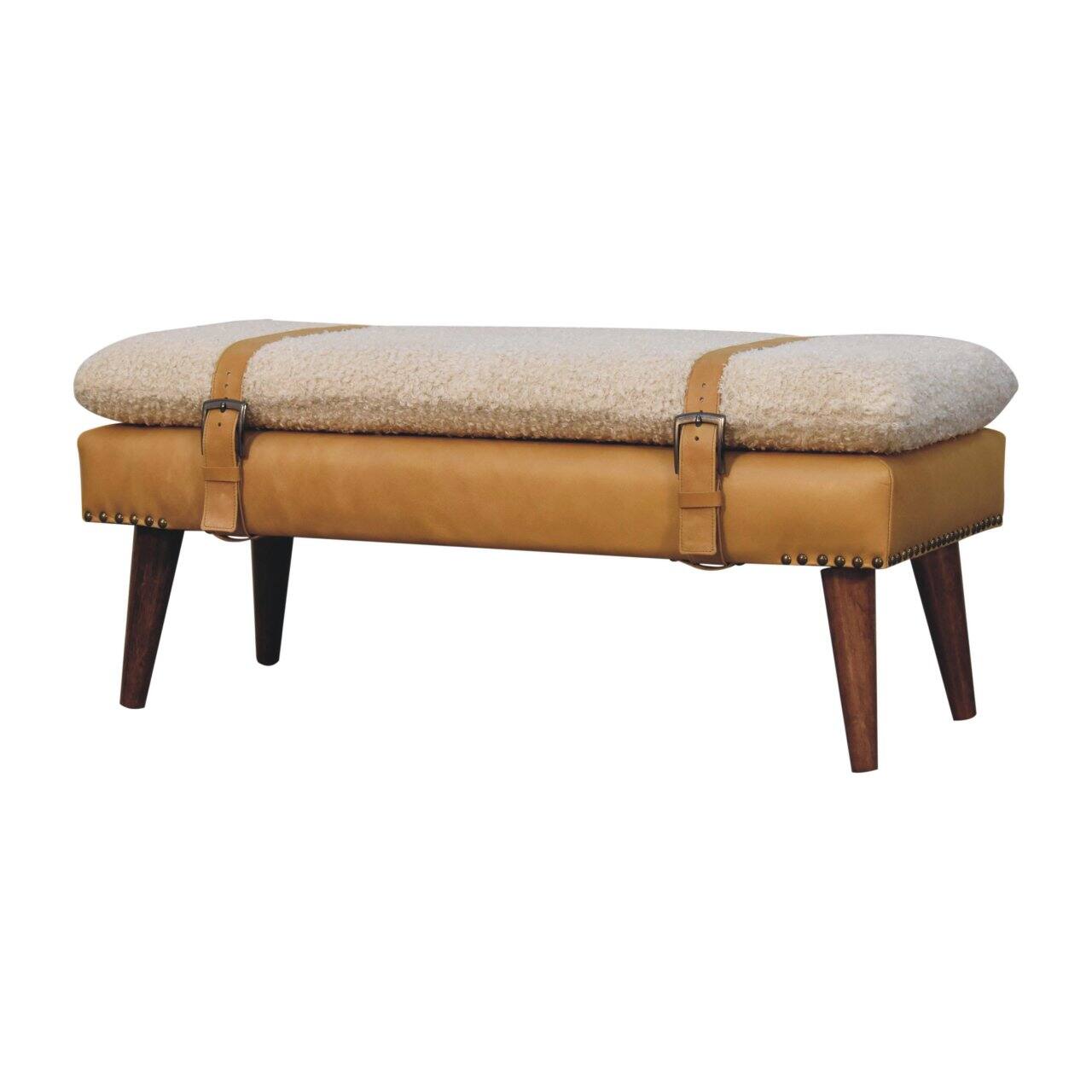 Left. Artisan Furniture - Artisan Furniture Solid Wood Boucle x Tan Leather Bench, Upholstered, Yellow & Cream - Yellow & Cream.