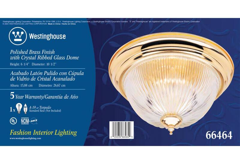 Westinghouse Lighting Corporation  
Philadelphia, PA 19154-1099  
S.A. Westinghouse Lighting Corporation, a Westinghouse Electric Corporation licensee  
© 2003 WESTINGHOUSE LIGHTING CORPORATION  
Made in China / Hecho en China  
"Westinghouse" are registered trademarks of Westinghouse Electric Corporation  

Westinghouse  
Polished Brass Finish with Crystal Ribbed Glass Dome  
Height: 6 1/4" (15.88 cm)  
Diameter: 10 1/2" (26.67 cm)  
Acabado Latón Pulido con Cúpula de Vidrio de Cristal Acanalado  

5 Year Warranty/Garantía de Año  
1 x 60 A-19 or Torpedo Standard Base (Not Included)  

UL NOM-ANCE  
Fashion Interior Lighting  
www.westinghouselighting.com  

66464