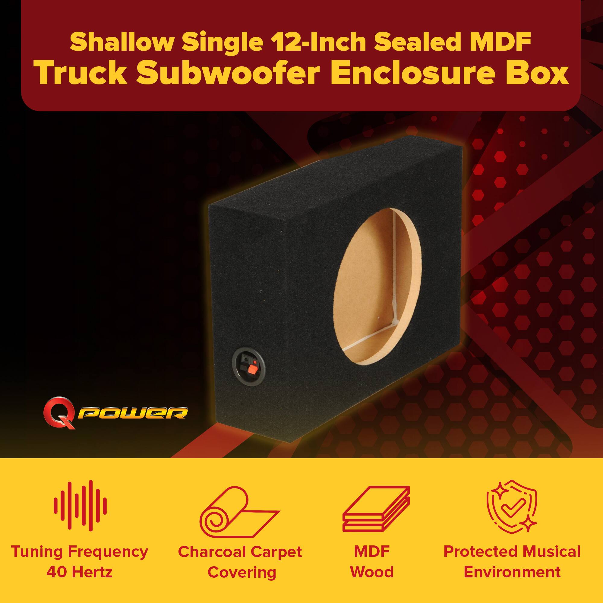 Shallow Single 12-Inch Sealed MDF Truck Subwoofer Enclosure Box

- Tuning Frequency: 40 Hertz
- Charcoal Carpet Covering
- MDF Wood
- Protected Musical Environment
