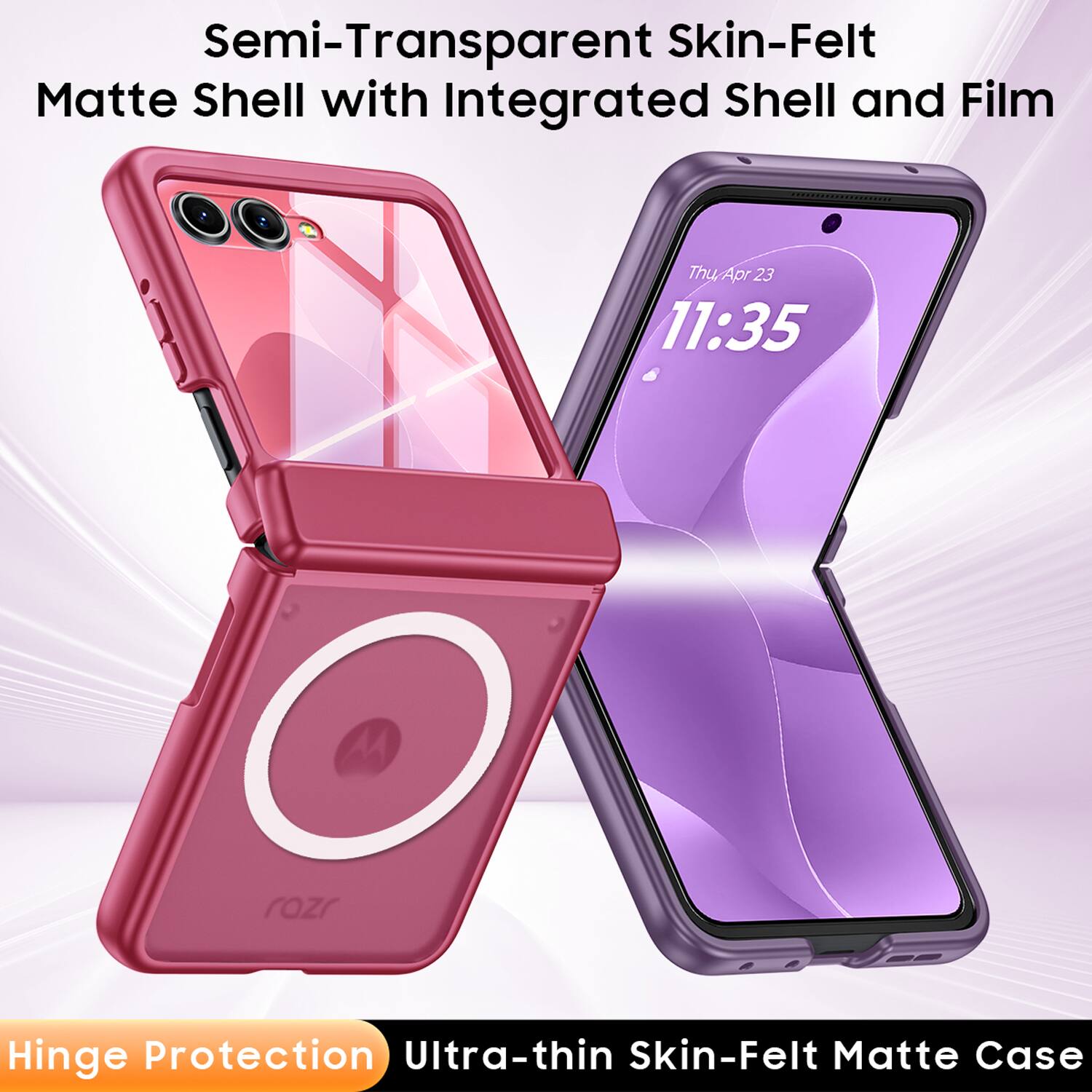 Semi-Transparent Skin-Felt Matte Shell with Integrated Shell and Film  
Thu, Apr 23 11:35  
Hinge Protection  
Ultra-thin Skin-Felt Matte Case