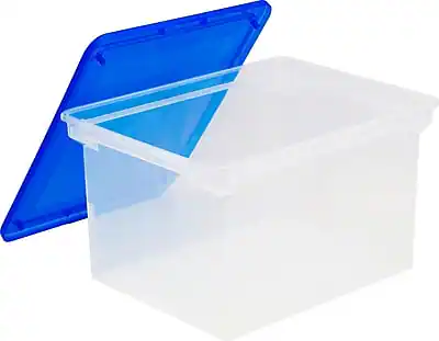 Front. Storex - Storex File Storage Box with Snap-On Lid, Letter/Legal Size, Clear/Blue (STX61508U01C) - Clear/Blue.