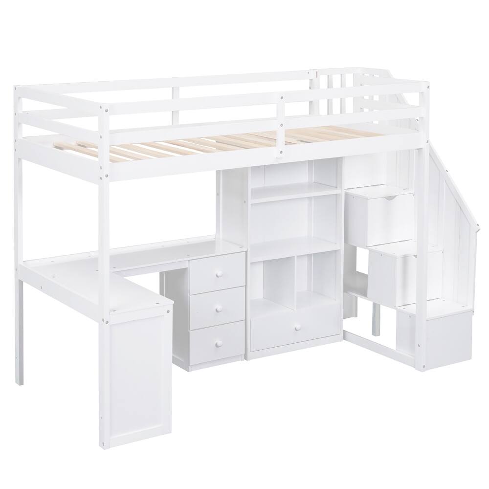 Alt View 7. Loheer - Loheer Twin Loft Bed with Desk, White Loft Bed with Storage Stairs - White.