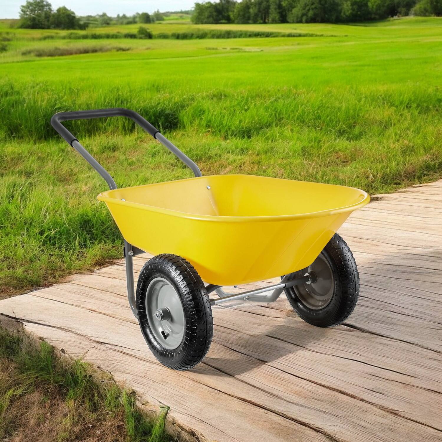 Angle. SlickBlue - Heavy Duty 2-Wheel Wheelbarrow with Rust-Proof Frame for Garden and Yard Work - Yellow.