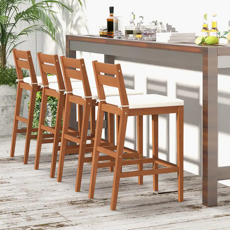 Stools Gymax Patio Eucalyptus Wood Bar Stools Set of 4 Outdoor Bar Height ...