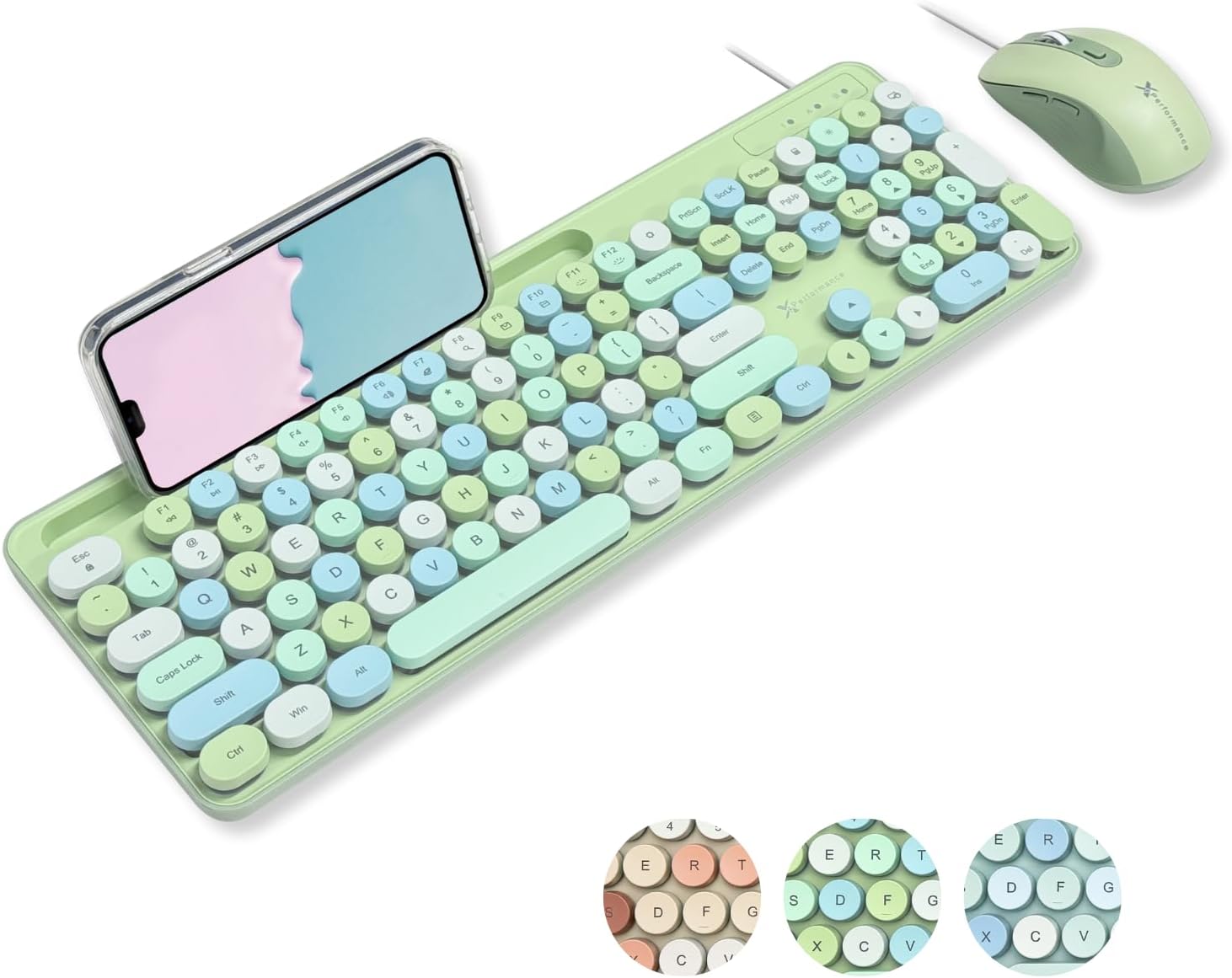X9 - Wired Keyboard and Mouse Combo - Cute Backlit Keyboard with Round Keycaps, 109 Keys with Phone/Tablet Dock - Green