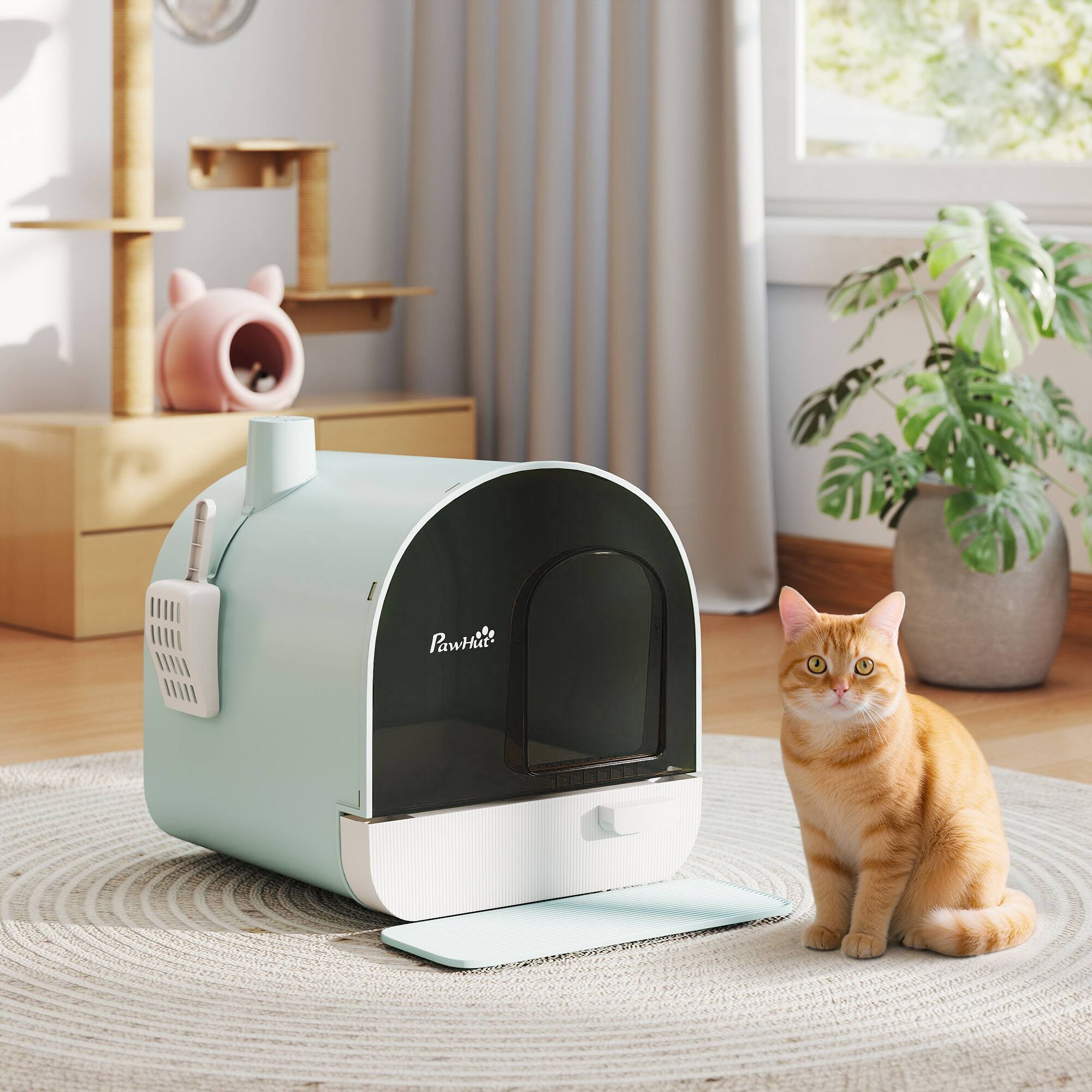 Alt View 1. Pawhut - Enclosed Cat Litter Box with Lid & Drawer Design, Covered Litter Box Anti-Leakage - Green.