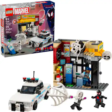 The image features a Lego Marvel set, which includes a car, a building, and several mini-figures. The set is designed for children aged 9 and up, and it comes with 375 pieces. The scene includes a Spider-Man figure, as well as other characters from the Marvel universe. The Lego set is displayed on a white background, showcasing the various elements of the playset.