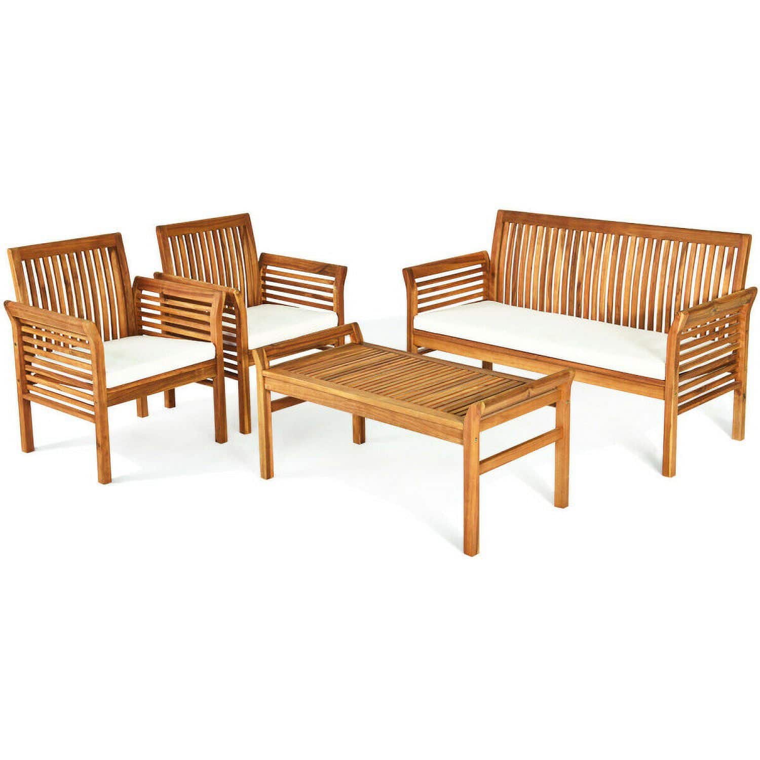 Pefilos - Outdoor 4 Piece Acacia Wood Sofa Furniture Set with Includes Coffee Dining Table and Ottoman, Acacia Wood Frame - Brown