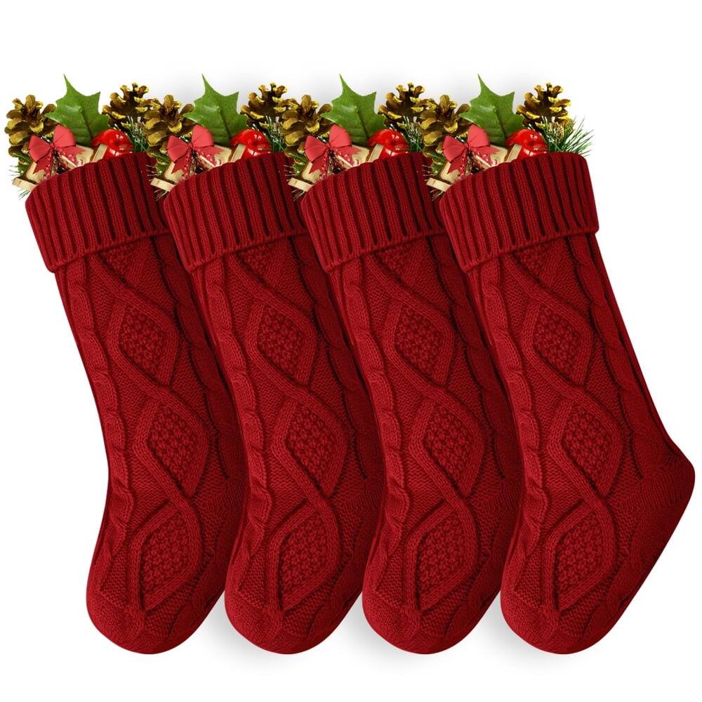 MOVSSOU - 4 Pack Christmas Stockings, Knitted Stocking for Holiday Christmas Party Family Decorations - Red