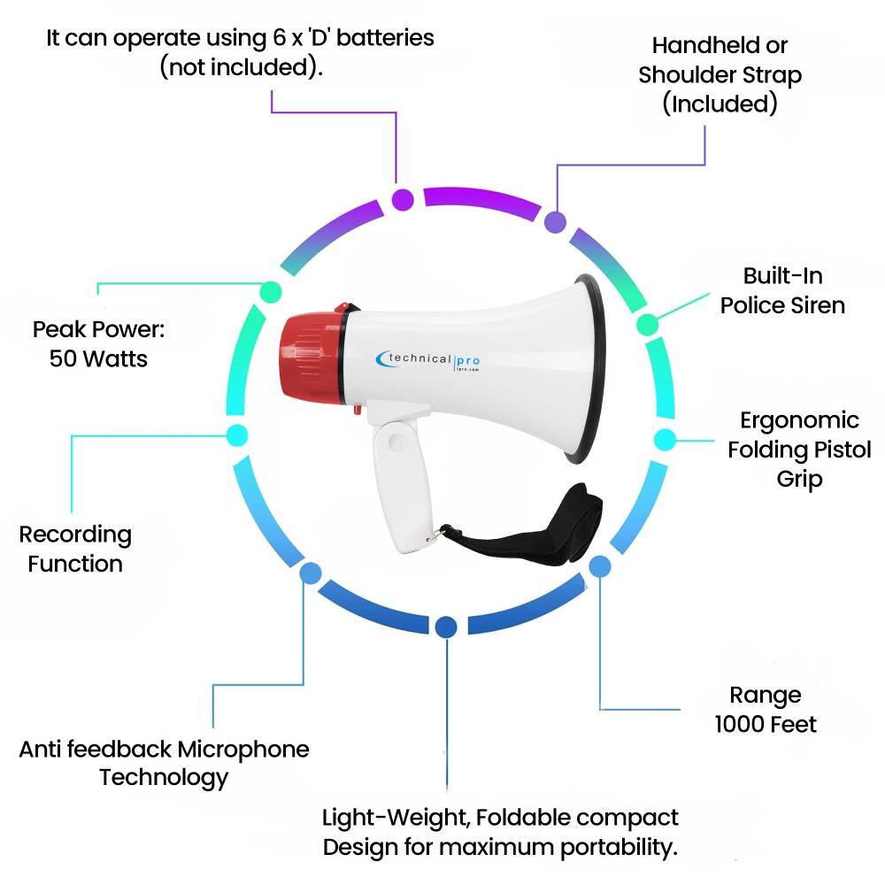 It can operate using 6 x 'D' batteries (not included).

Handheld or Shoulder Strap (Included)

Peak Power: 50 Watts

Built-In Police Siren

Ergonomic Folding Pistol Grip

Recording Function

Anti feedback Microphone Technology

Range 1000 Feet

Light-Weight, Foldable compact Design for maximum portability.