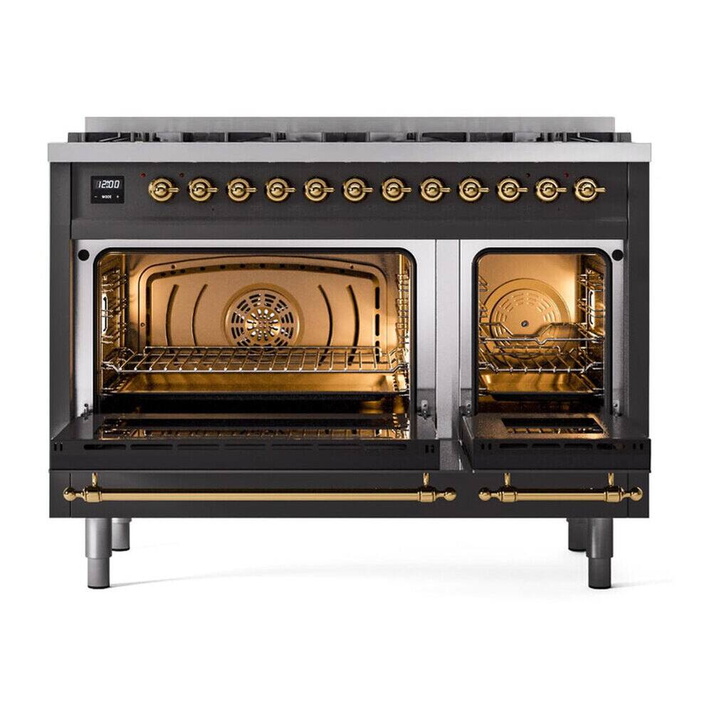 Alt View 3. ILVE - ILVE Nostalgie II 48 inch Dual Fuel Range with 8 Black Brass Sealed Burners (Limited Edition) (Graphite Matte, Brass) - Graphite Matte.